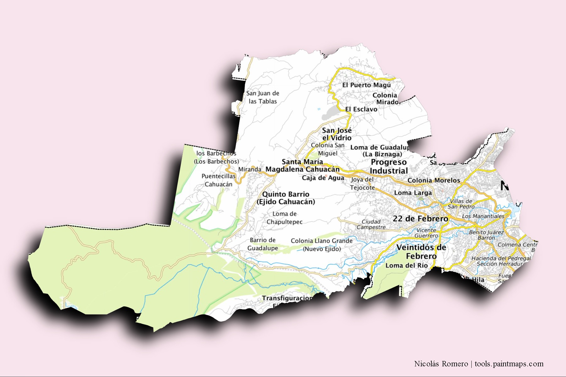 3D gölge efektli Nicolás Romero mahalleleri ve köyleri haritası