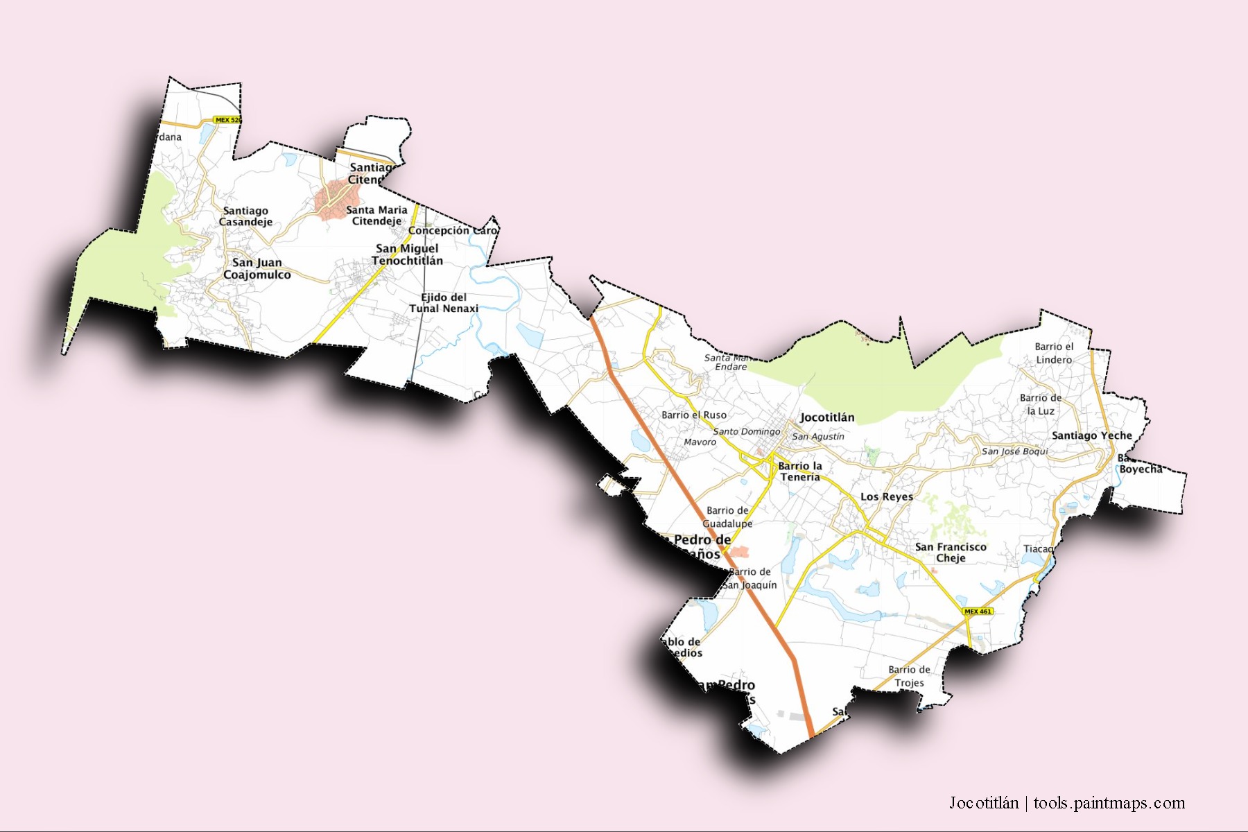 3D gölge efektli Jocotitlán mahalleleri ve köyleri haritası