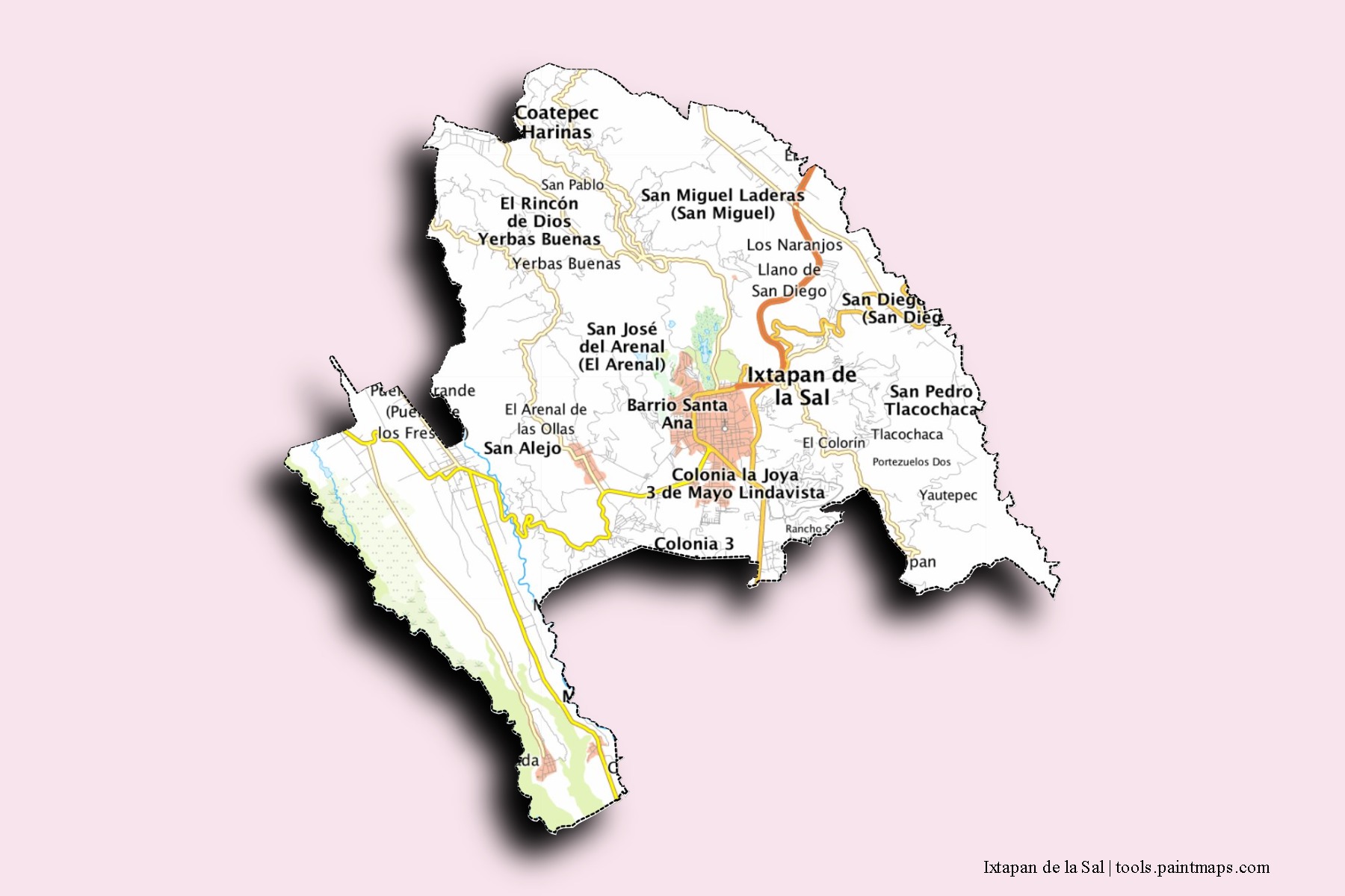 Mapa de barrios y pueblos de Ixtapan de la Sal con efecto de sombra 3D