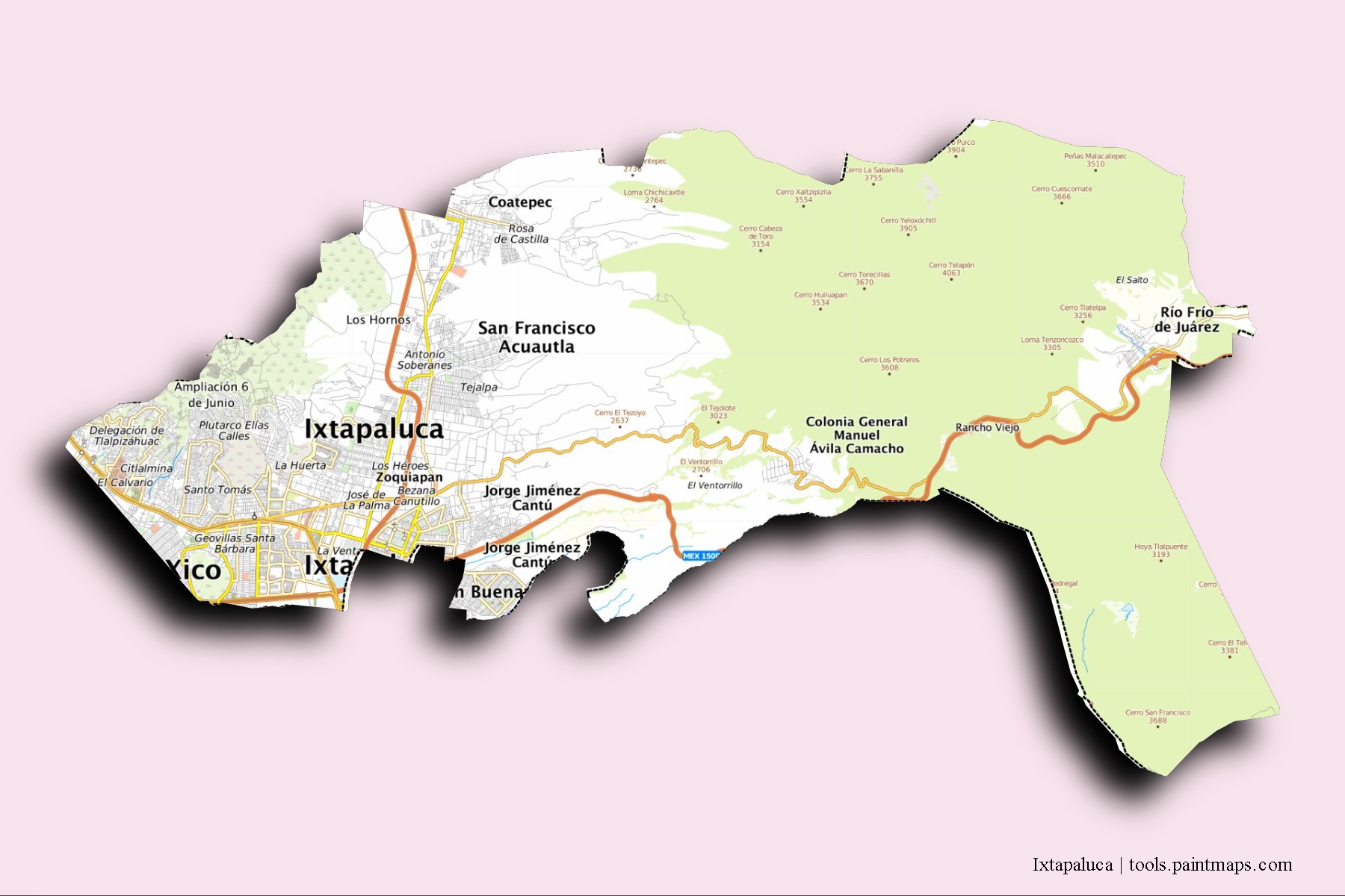 Mapa de barrios y pueblos de Ixtapaluca con efecto de sombra 3D
