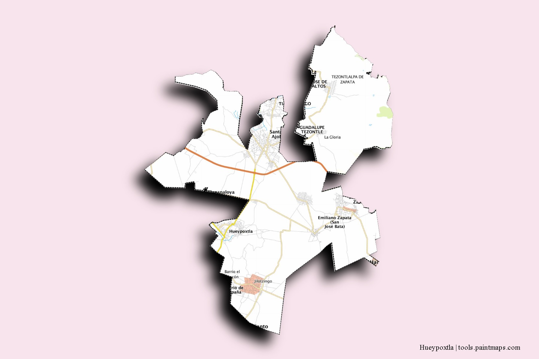 Mapa de barrios y pueblos de Hueypoxtla con efecto de sombra 3D