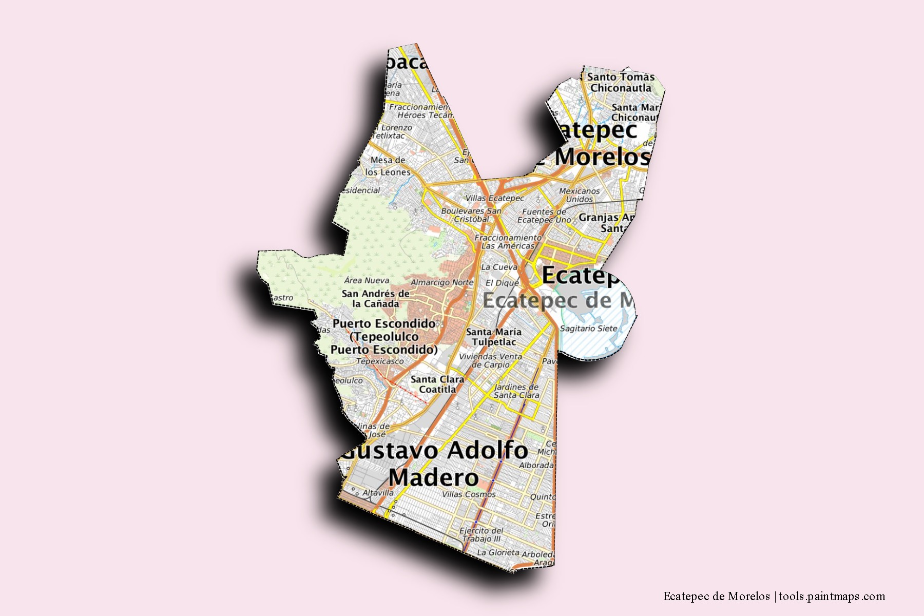 Mapa de barrios y pueblos de Ecatepec de Morelos con efecto de sombra 3D