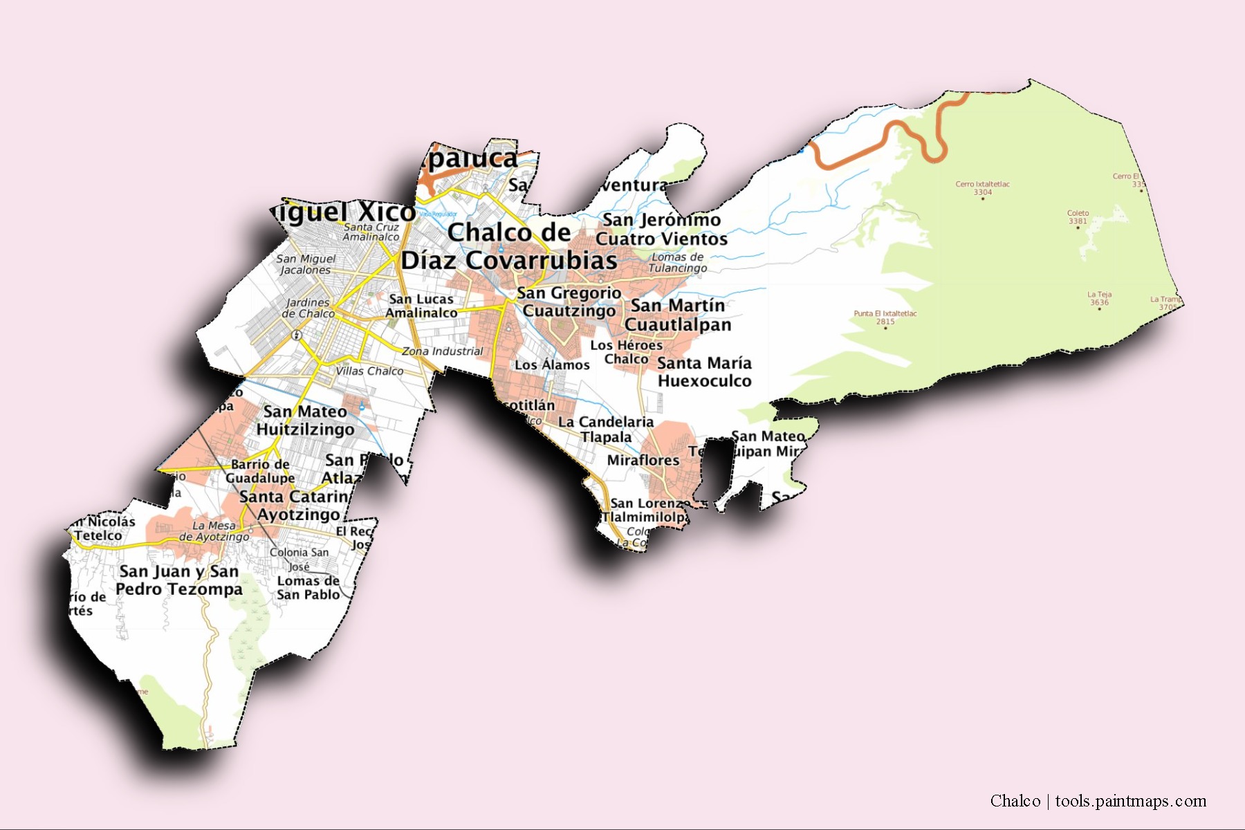 Mapa de barrios y pueblos de Chalco con efecto de sombra 3D