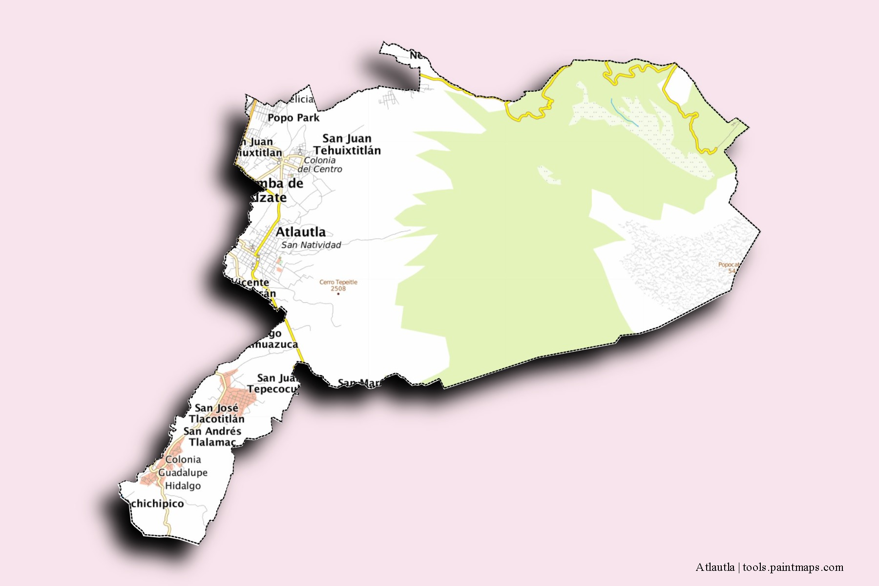 Atlautla neighborhoods and villages map with 3D shadow effect