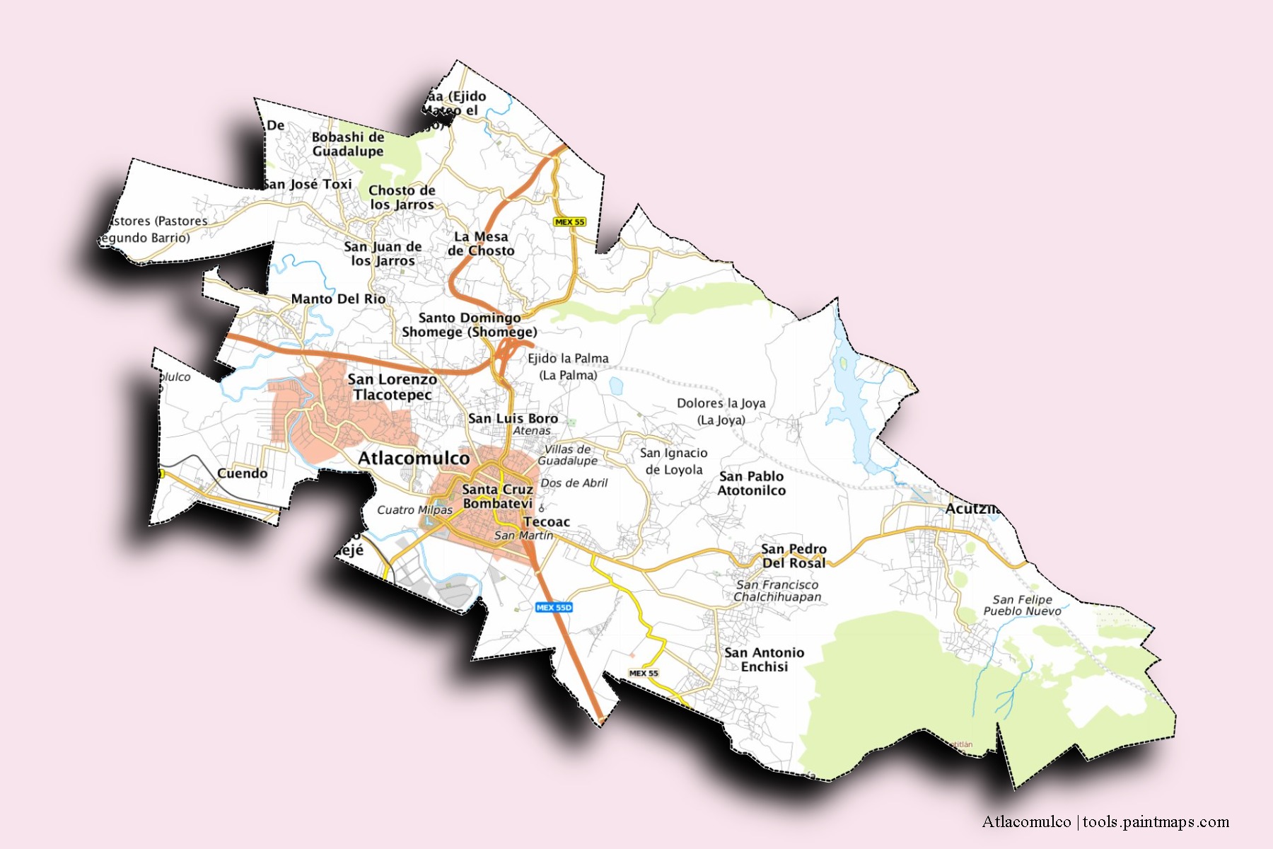 Atlacomulco neighborhoods and villages map with 3D shadow effect