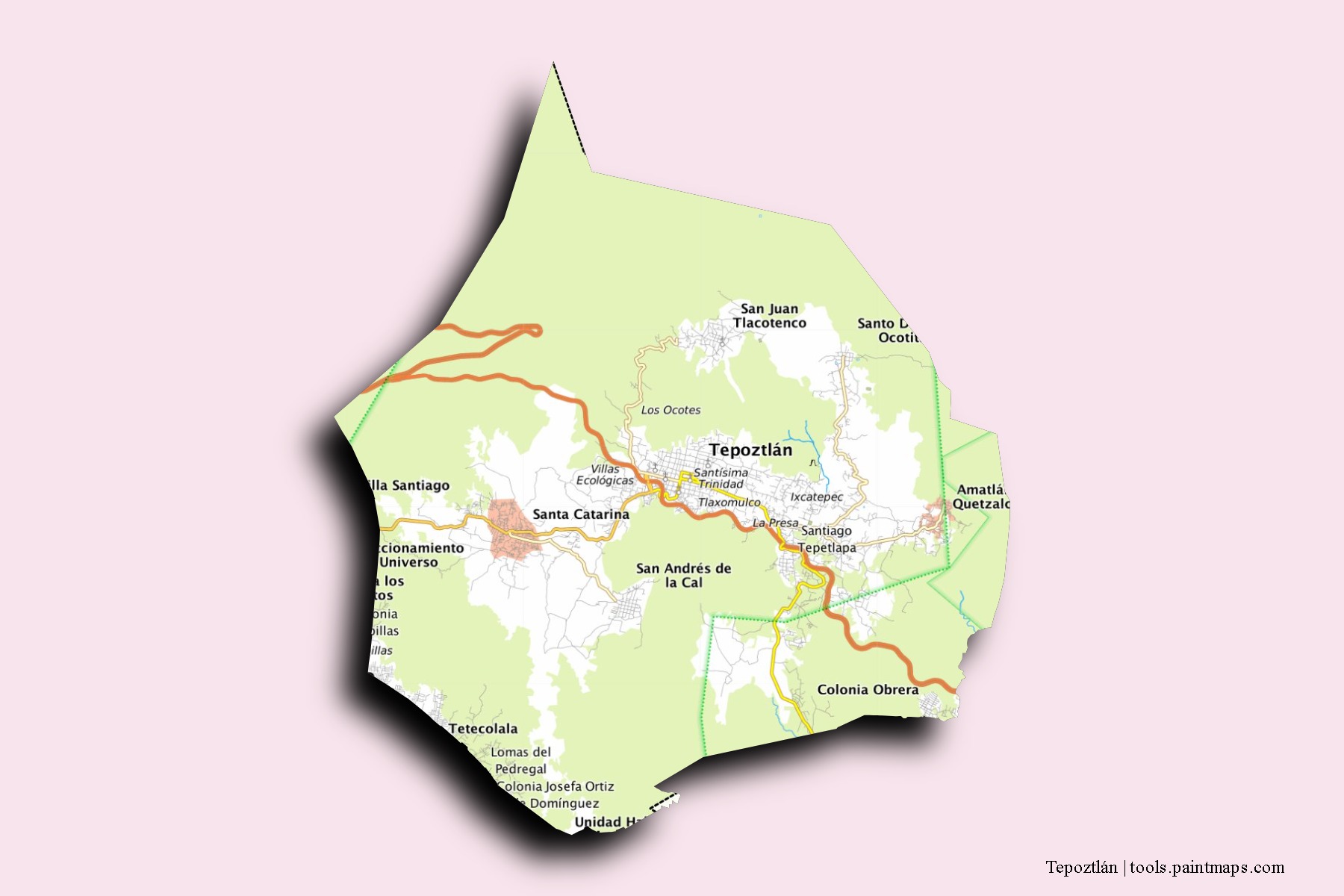 Tepoztlán neighborhoods and villages map with 3D shadow effect