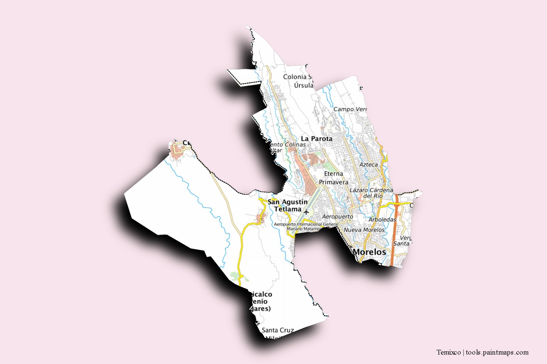 Temixco neighborhoods and villages map with 3D shadow effect