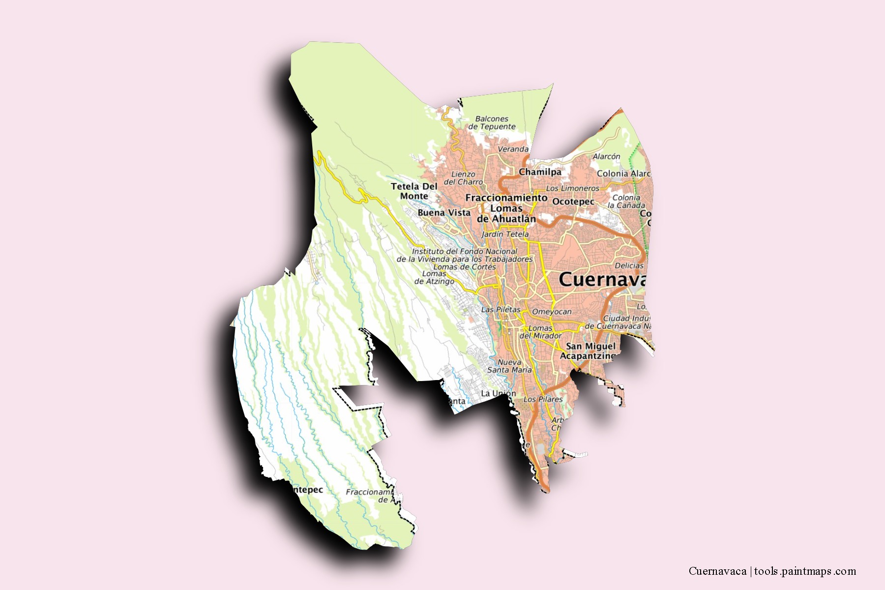 3D gölge efektli Cuernavaca mahalleleri ve köyleri haritası