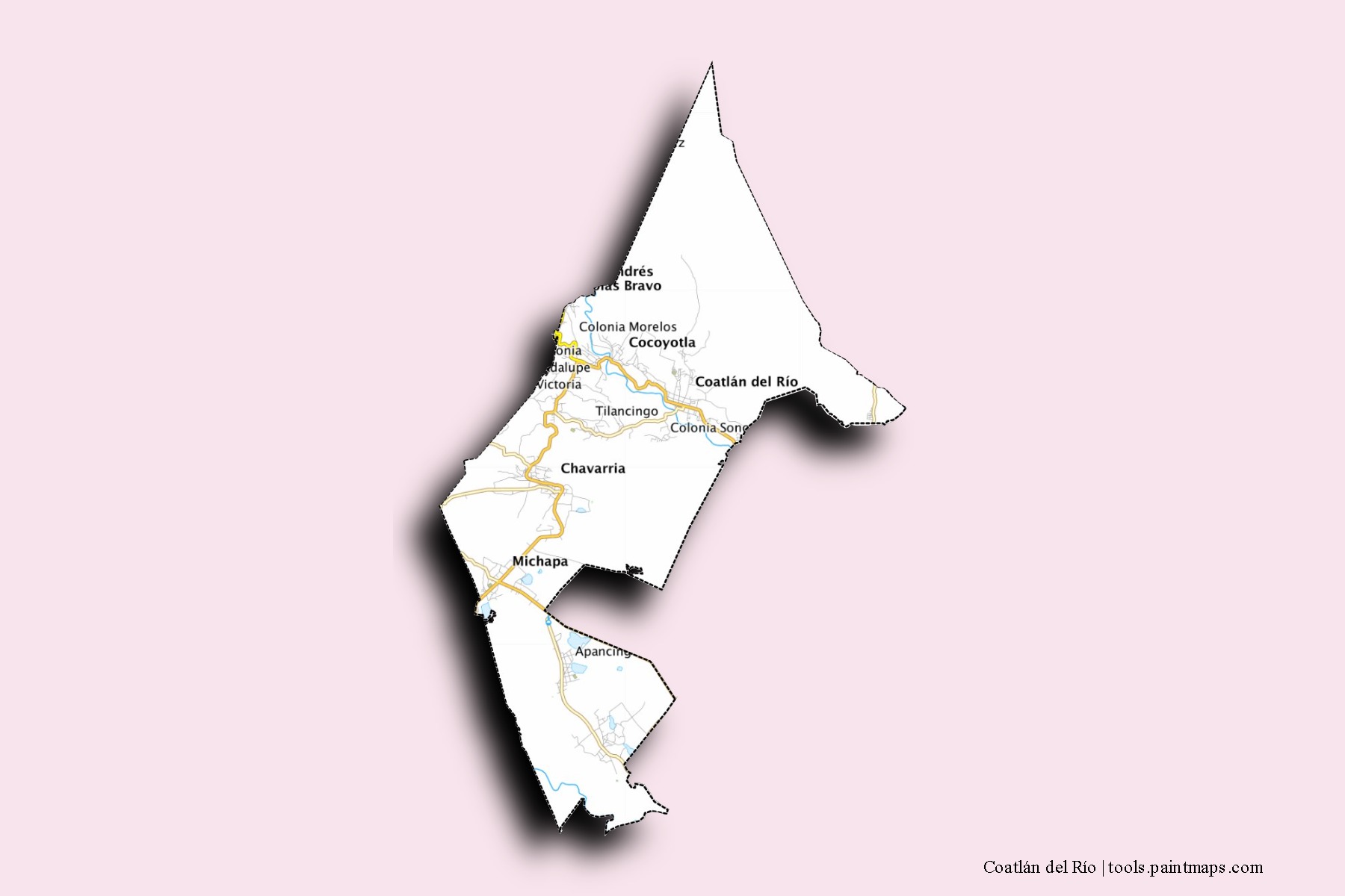 Mapa de barrios y pueblos de Coatlán del Río con efecto de sombra 3D