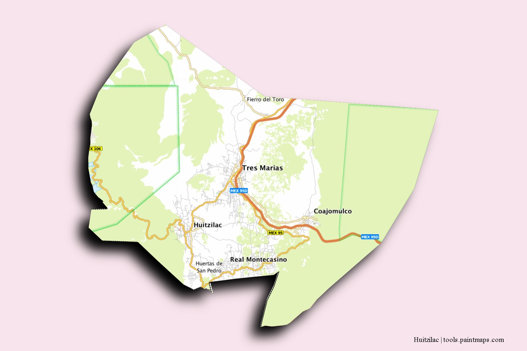 Mapa de barrios y pueblos de Huitzilac con efecto de sombra 3D