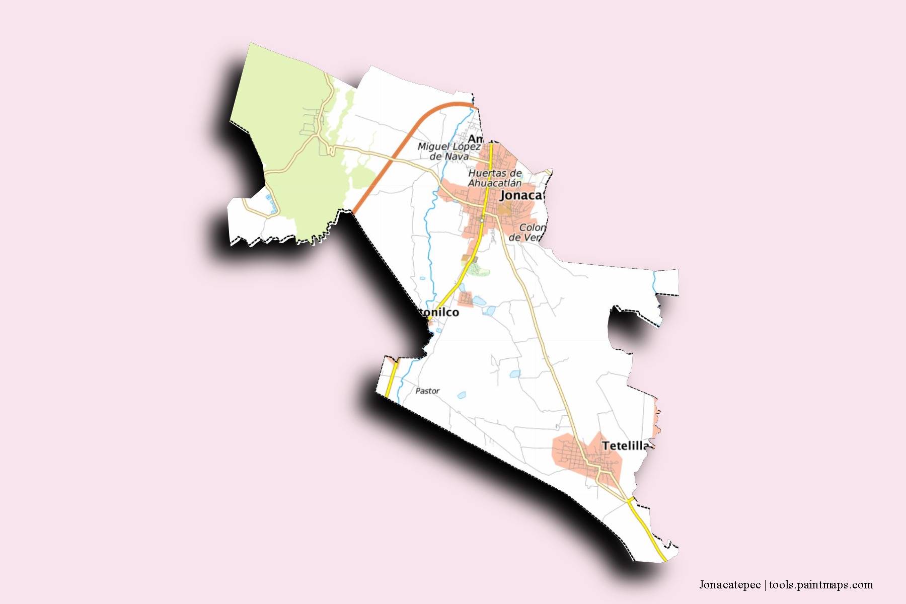 Jonacatepec neighborhoods and villages map with 3D shadow effect