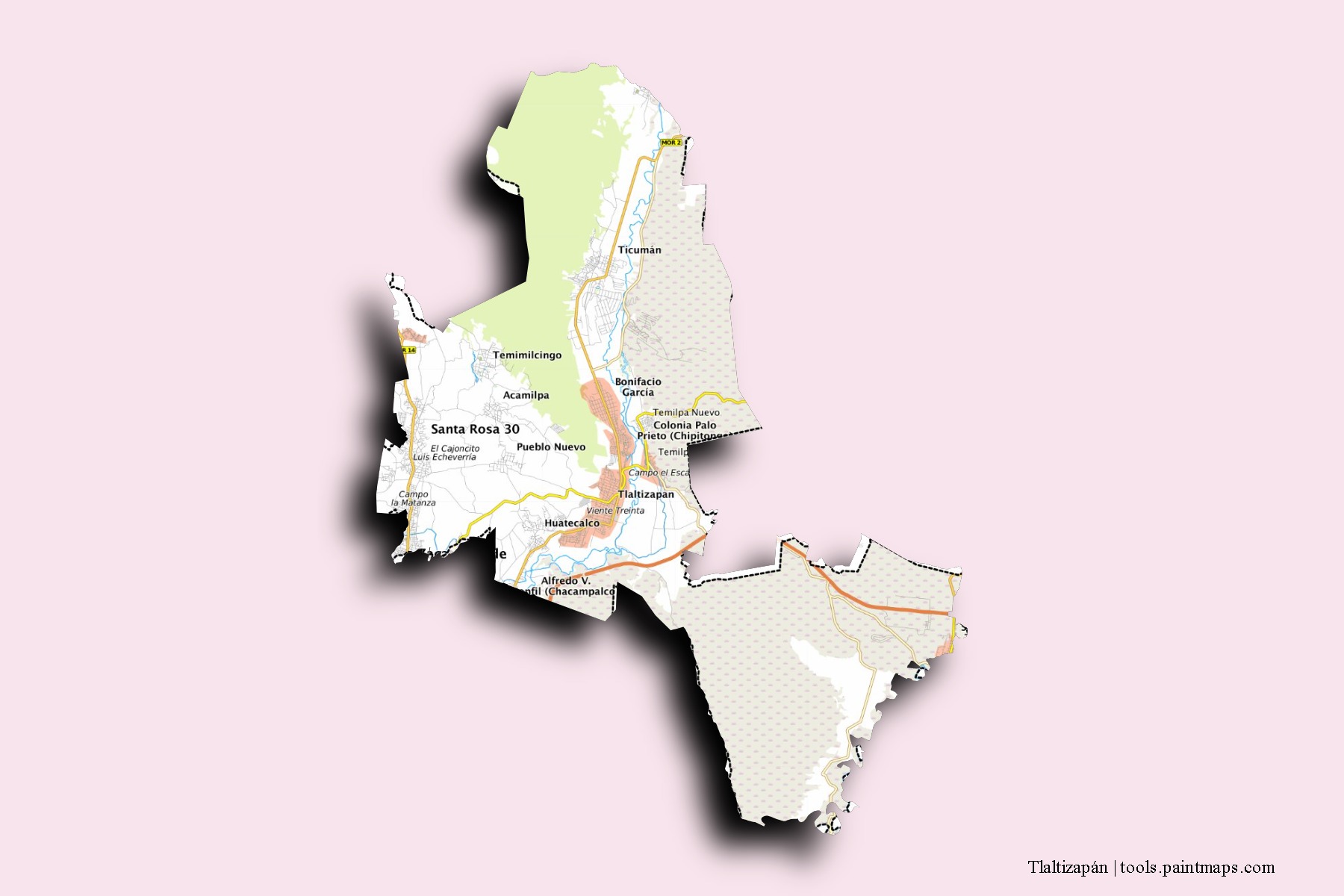 Mapa de barrios y pueblos de Tlaltizapán con efecto de sombra 3D