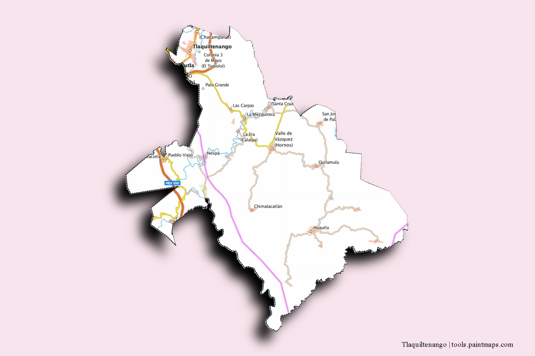 Tlaquiltenango neighborhoods and villages map with 3D shadow effect