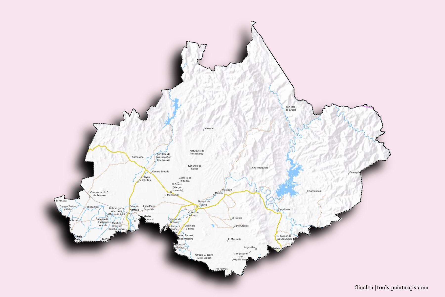 Mapa de barrios y pueblos de Sinaloa con efecto de sombra 3D