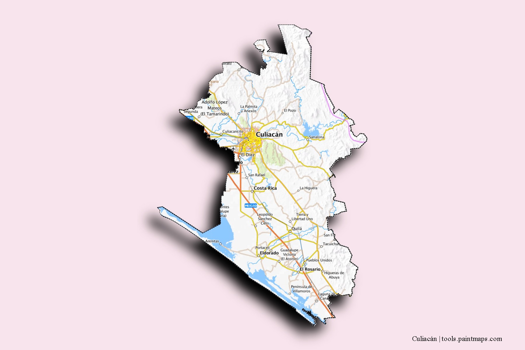 Mapa de barrios y pueblos de Culiacán con efecto de sombra 3D