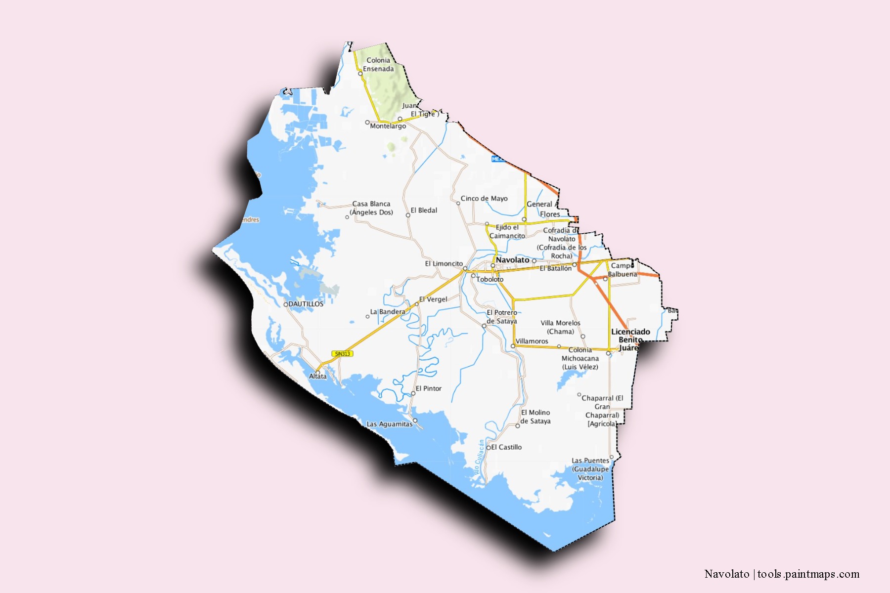 Mapa de barrios y pueblos de Navolato con efecto de sombra 3D