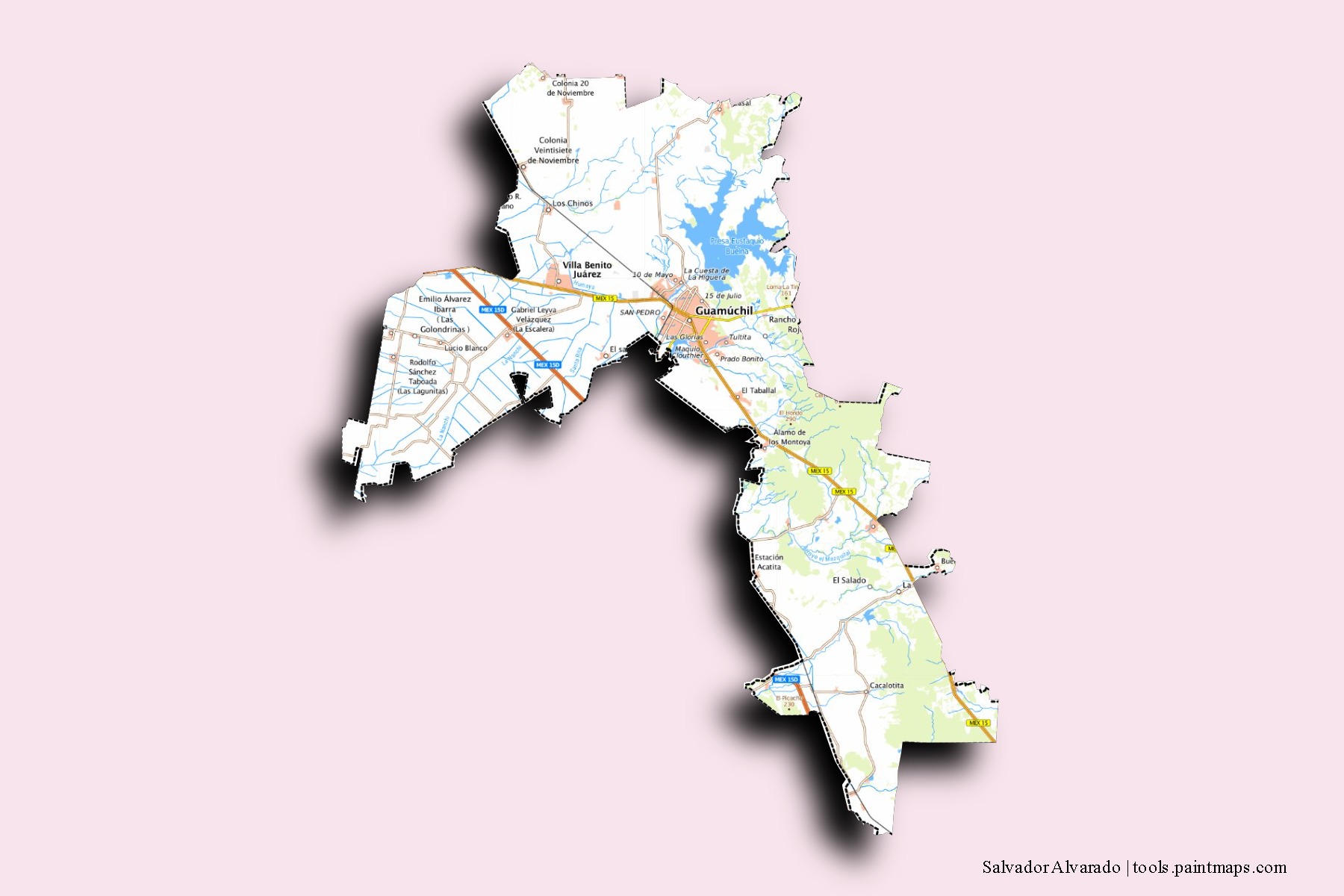 Mapa de barrios y pueblos de Salvador Alvarado con efecto de sombra 3D