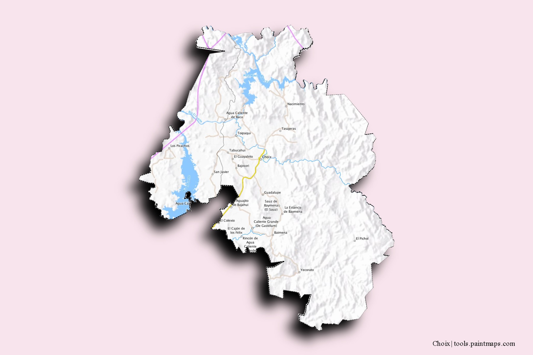 Mapa de barrios y pueblos de Choix con efecto de sombra 3D