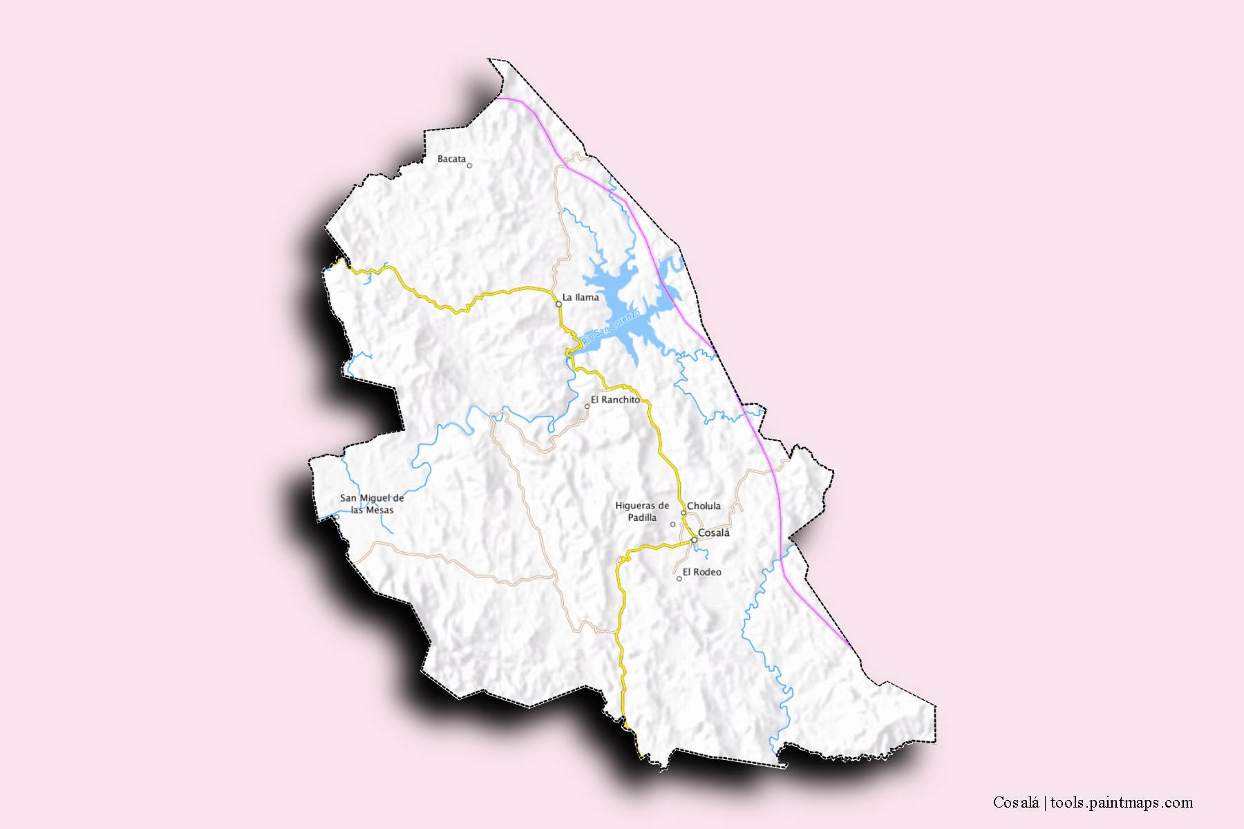 Mapa de barrios y pueblos de Cosalá con efecto de sombra 3D