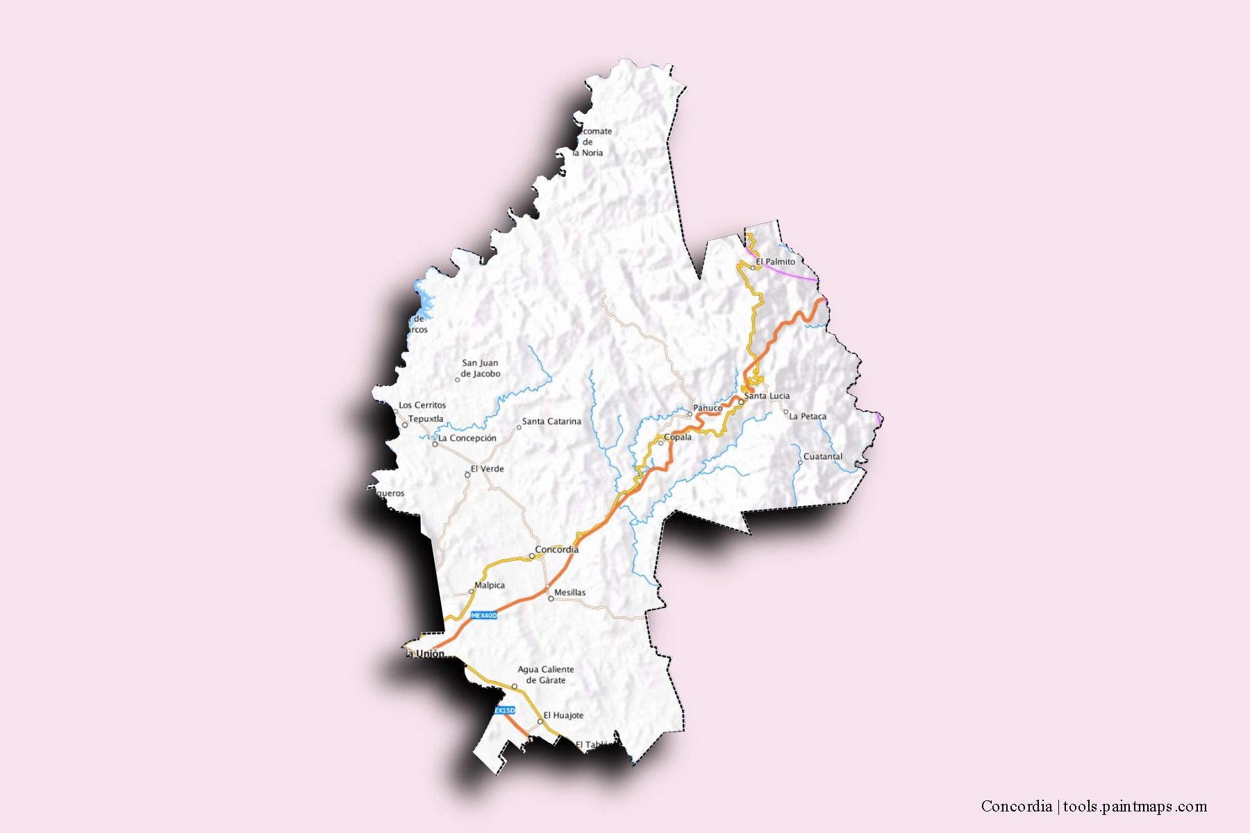 Mapa de barrios y pueblos de Concordia con efecto de sombra 3D