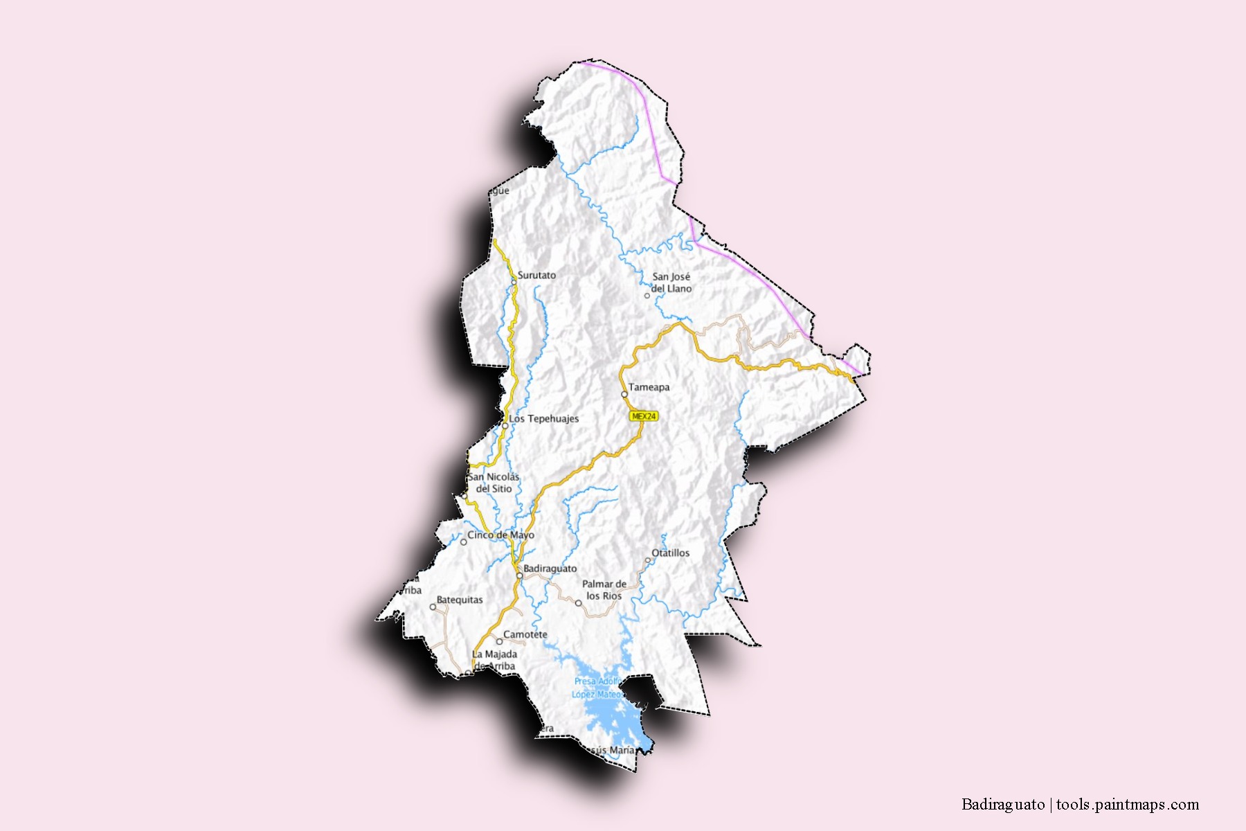 Mapa de barrios y pueblos de Badiraguato con efecto de sombra 3D