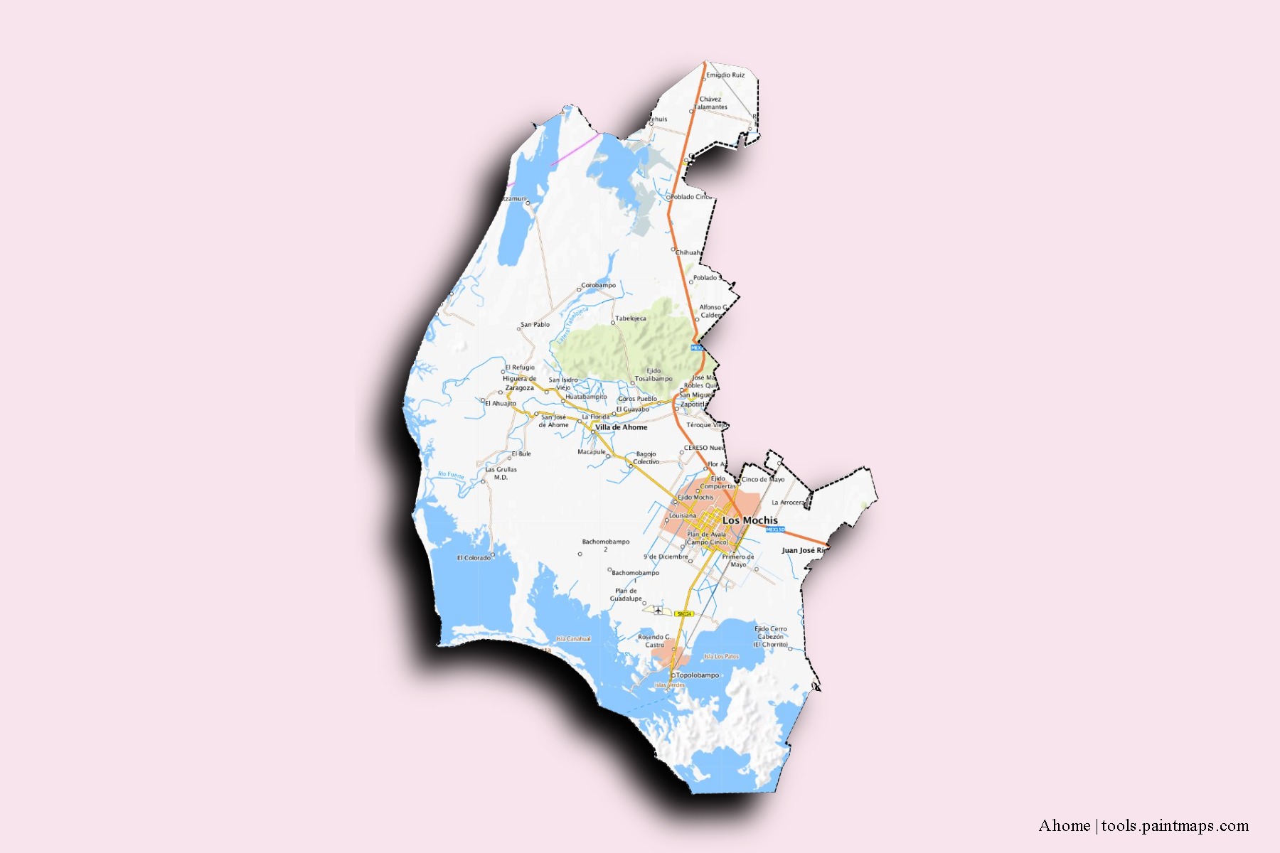 Mapa de barrios y pueblos de Ahome con efecto de sombra 3D