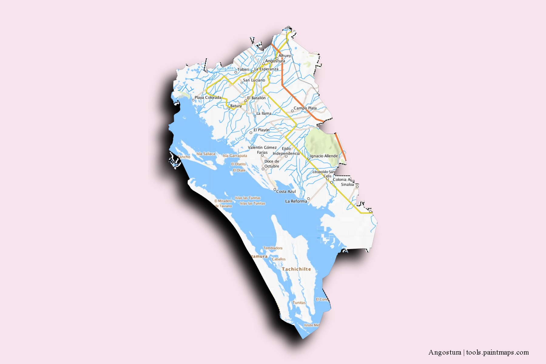 Mapa de barrios y pueblos de Angostura con efecto de sombra 3D