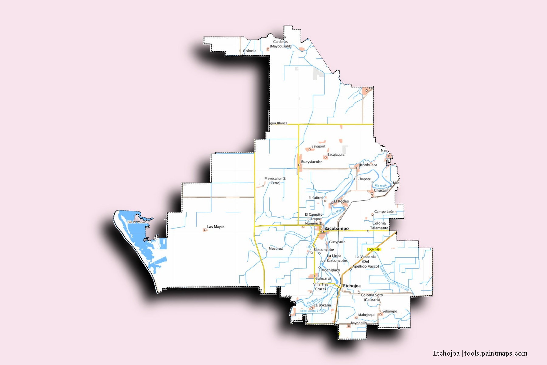 Mapa de barrios y pueblos de Etchojoa con efecto de sombra 3D