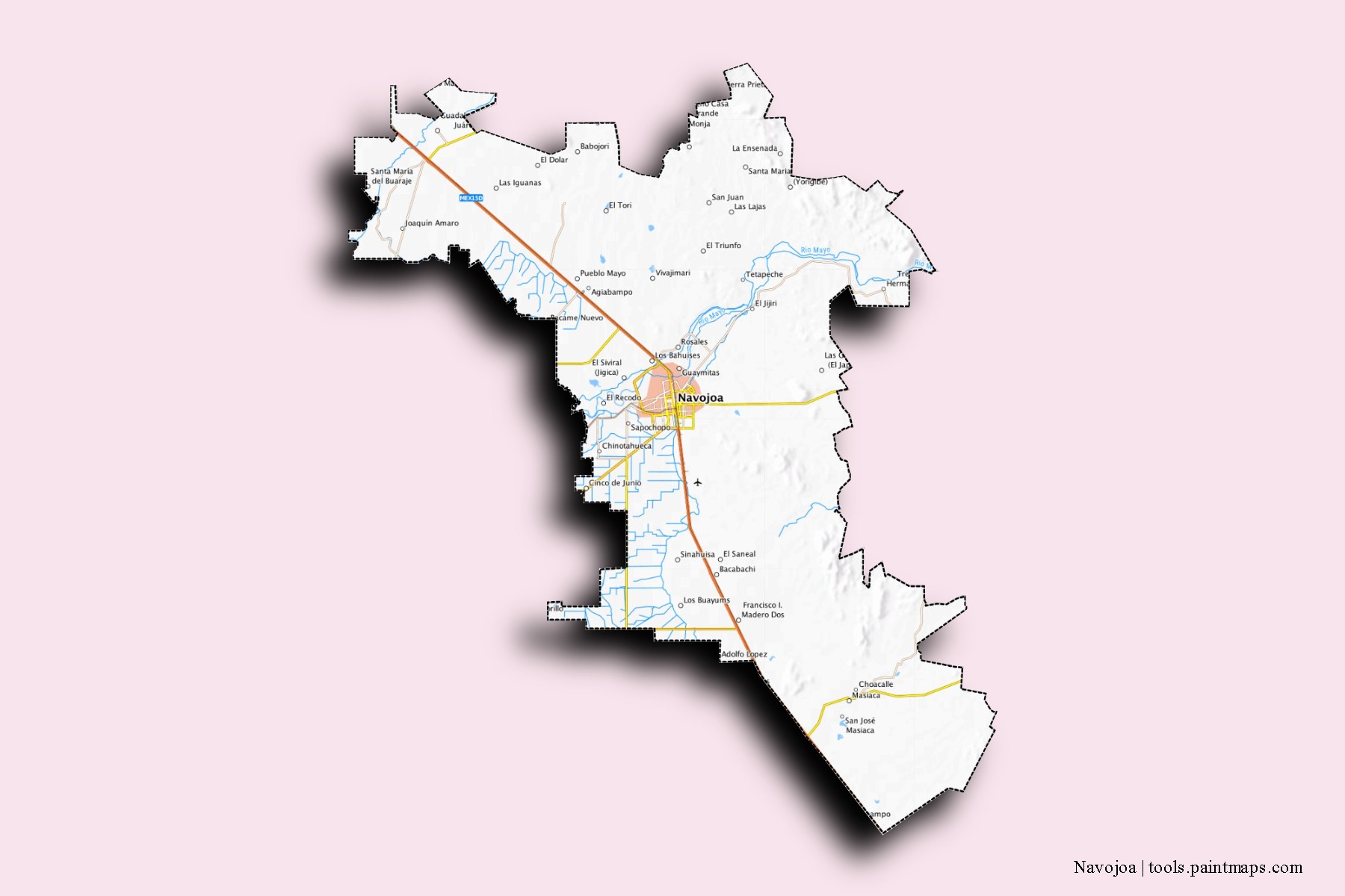 Navojoa neighborhoods and villages map with 3D shadow effect