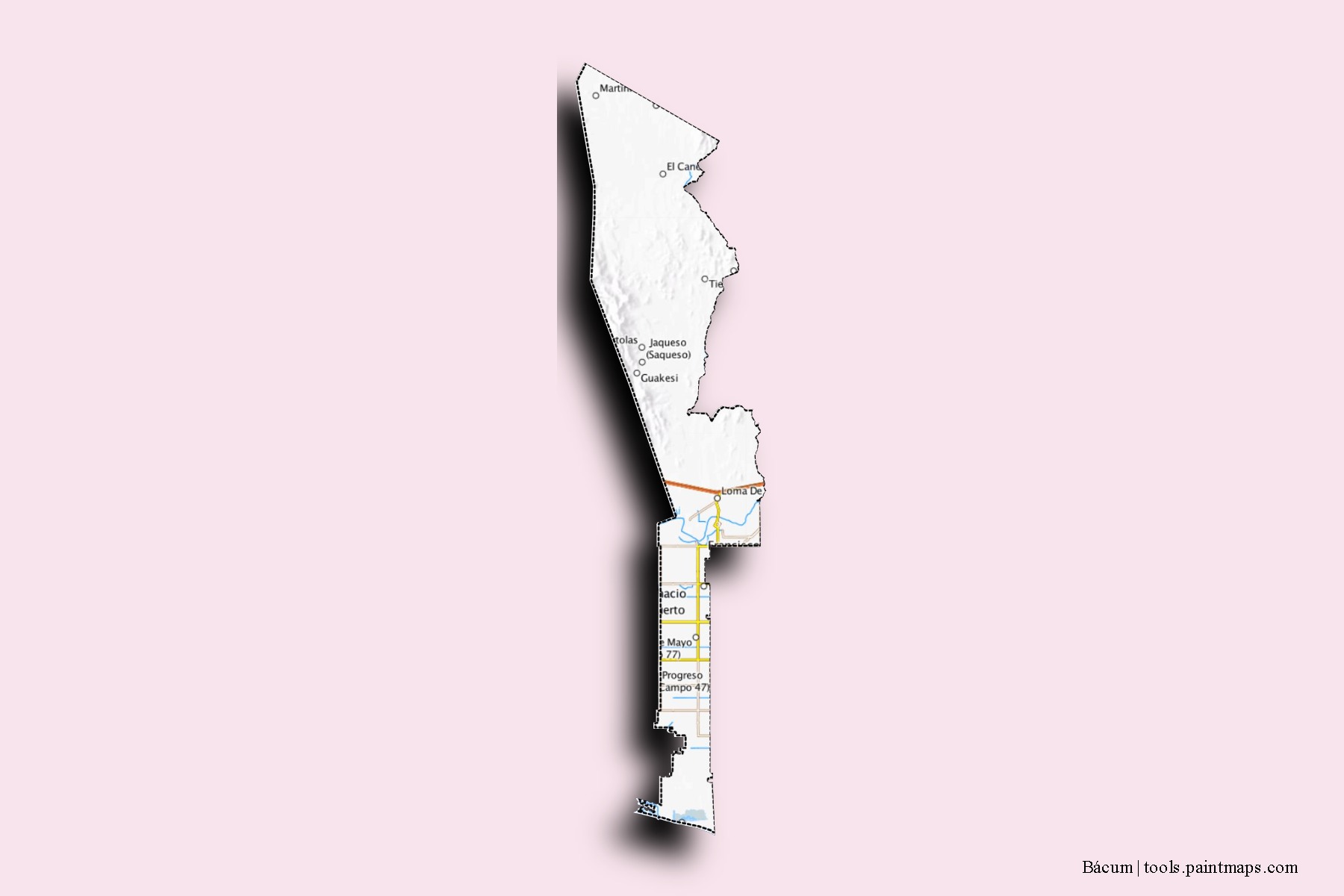 Bácum neighborhoods and villages map with 3D shadow effect