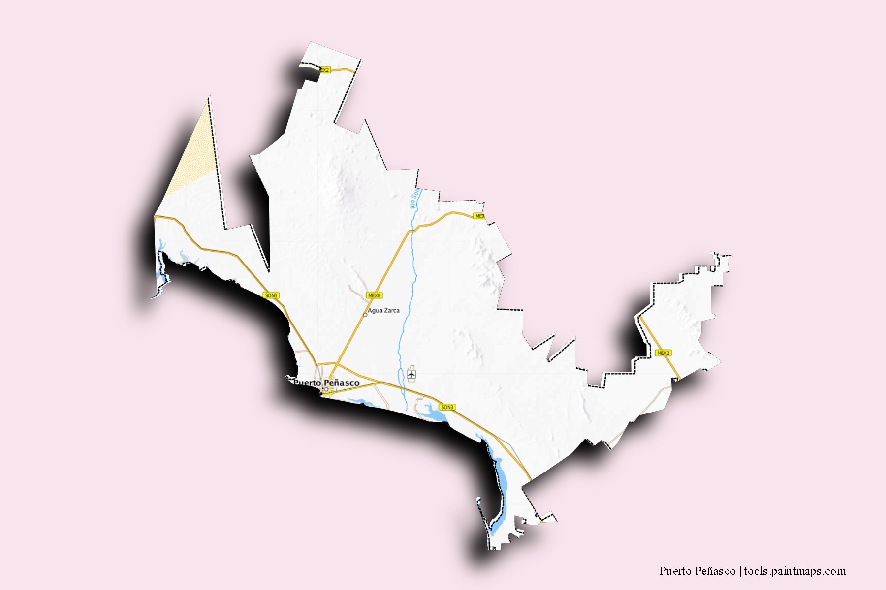 Puerto Peñasco neighborhoods and villages map with 3D shadow effect