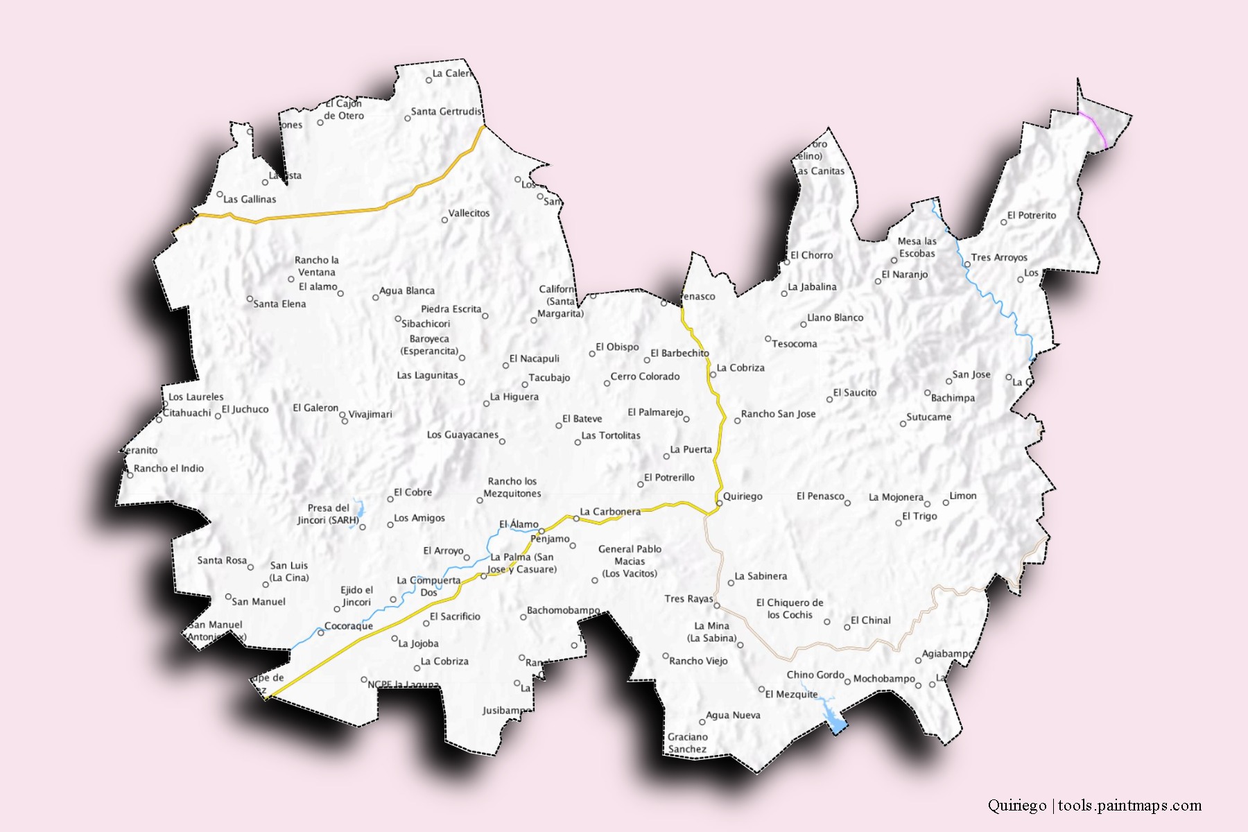 Mapa de barrios y pueblos de Quiriego con efecto de sombra 3D