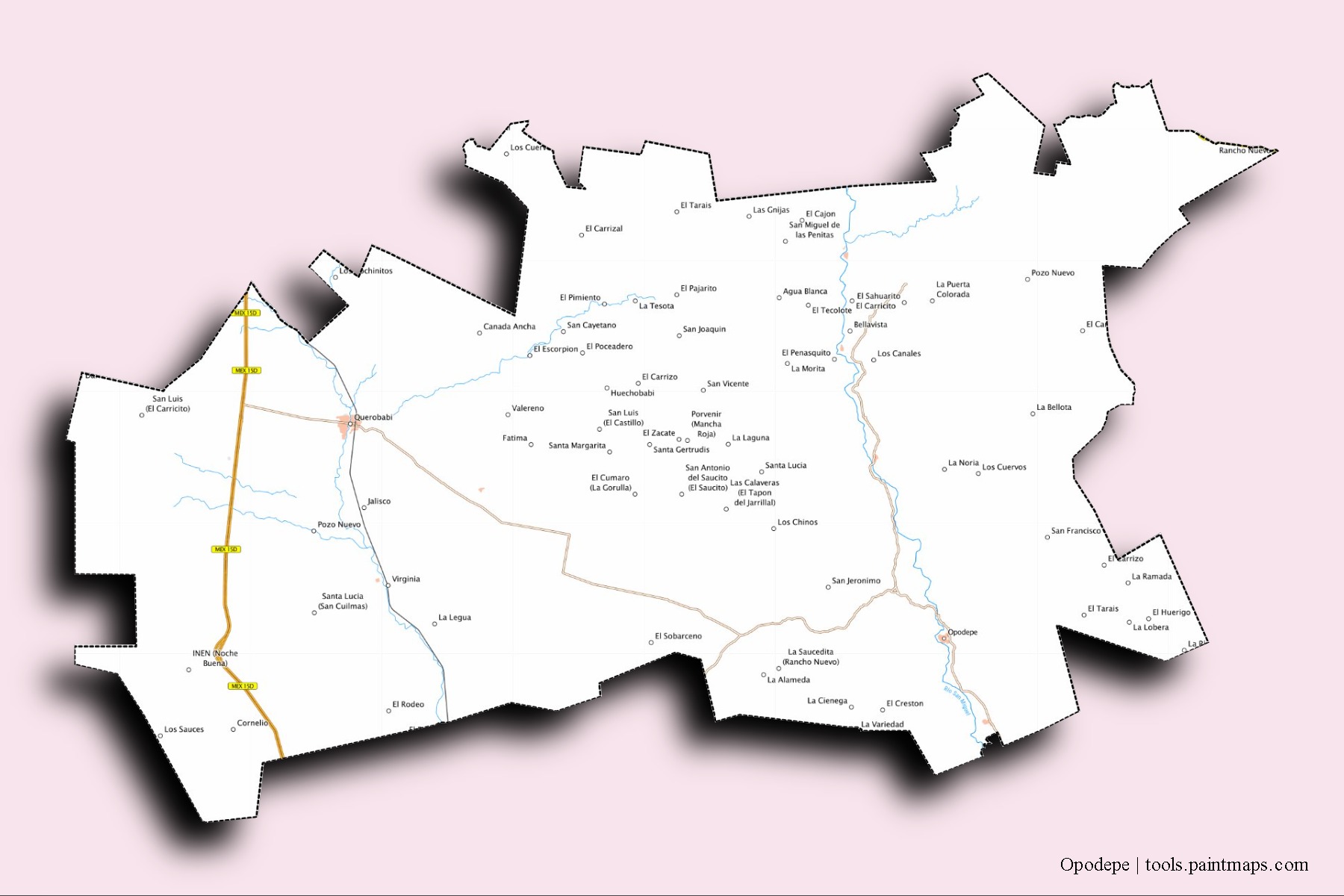 Mapa de barrios y pueblos de Opodepe con efecto de sombra 3D