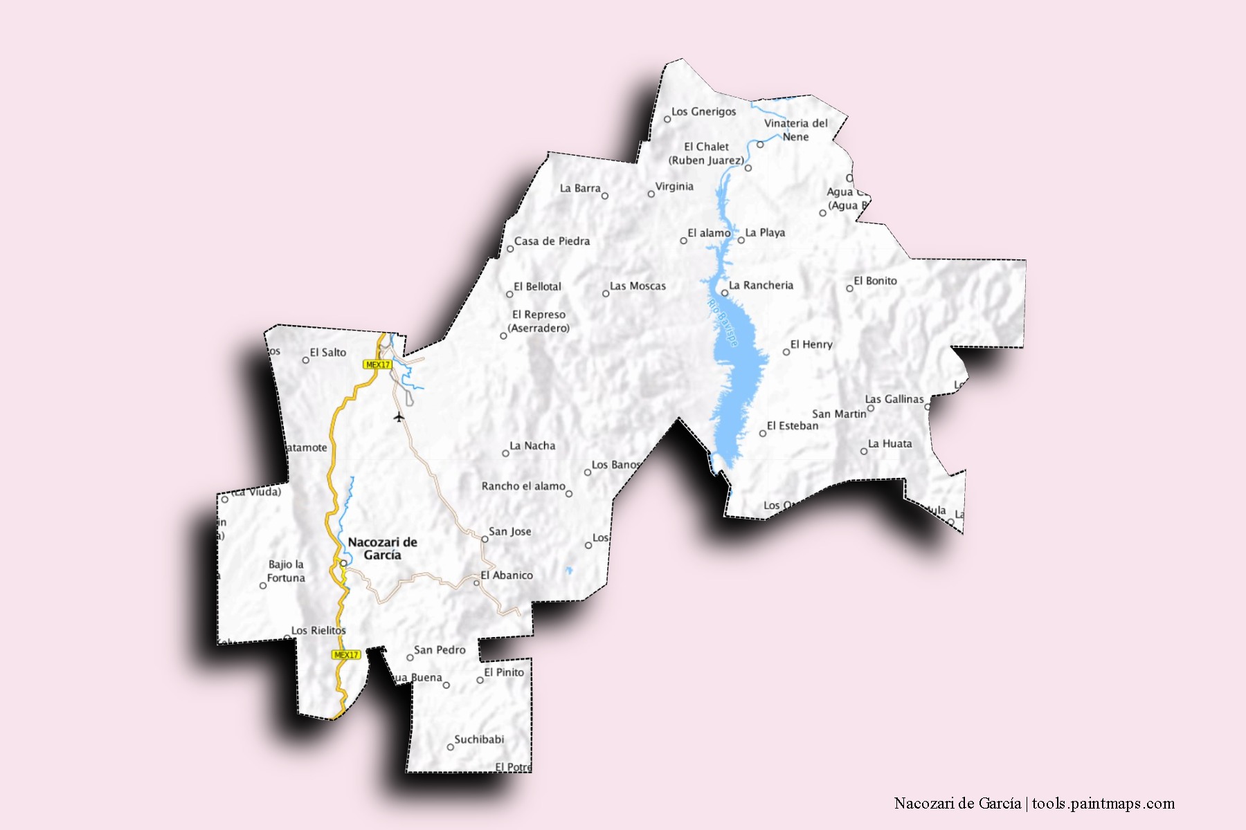 Mapa de barrios y pueblos de Nacozari de García con efecto de sombra 3D