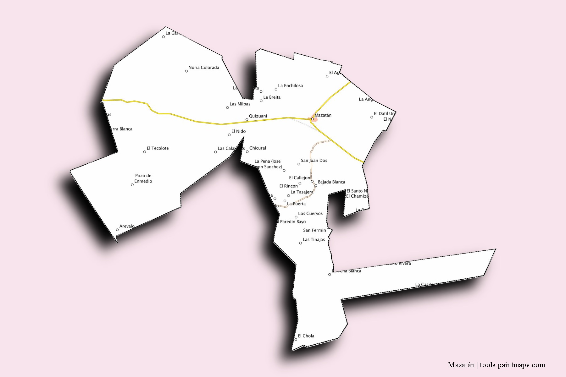 Mazatán neighborhoods and villages map with 3D shadow effect