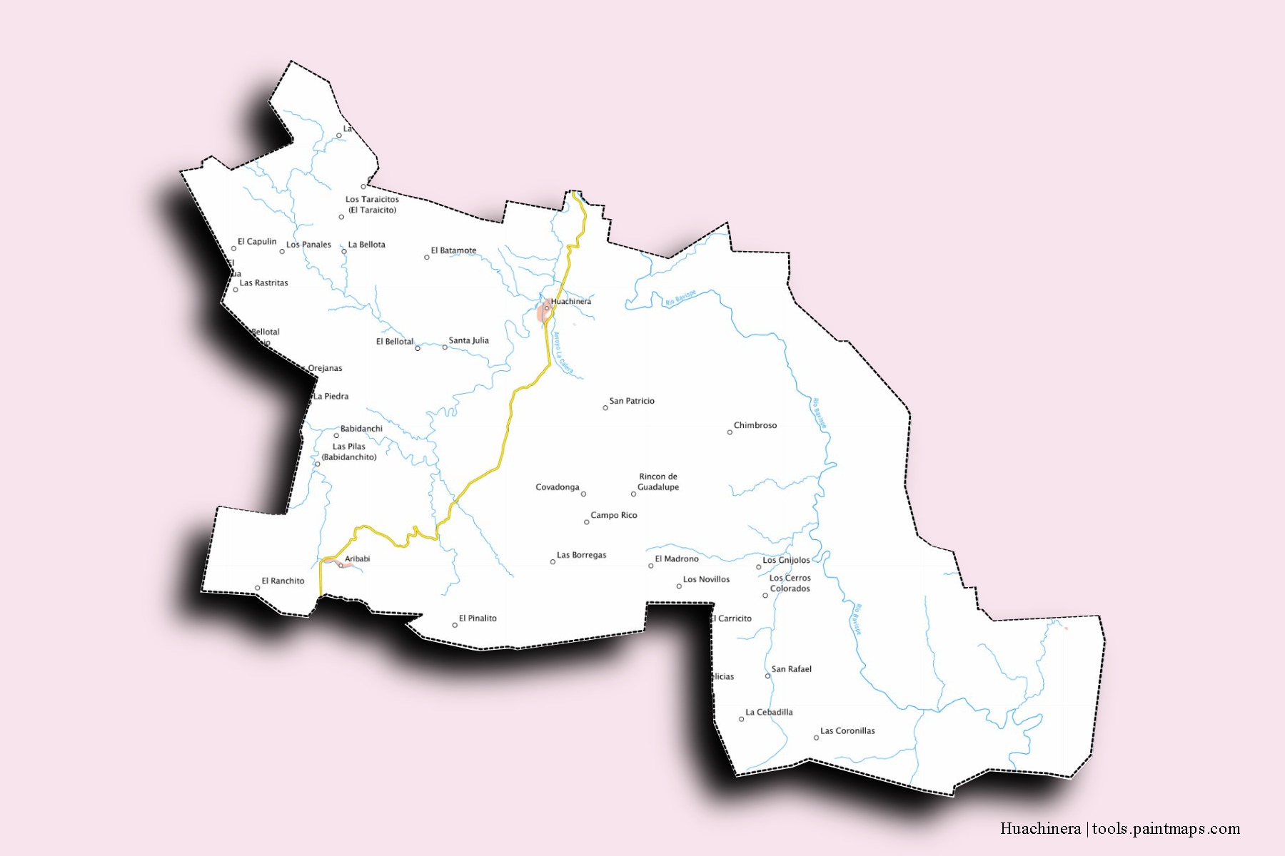 Mapa de barrios y pueblos de Huachinera con efecto de sombra 3D