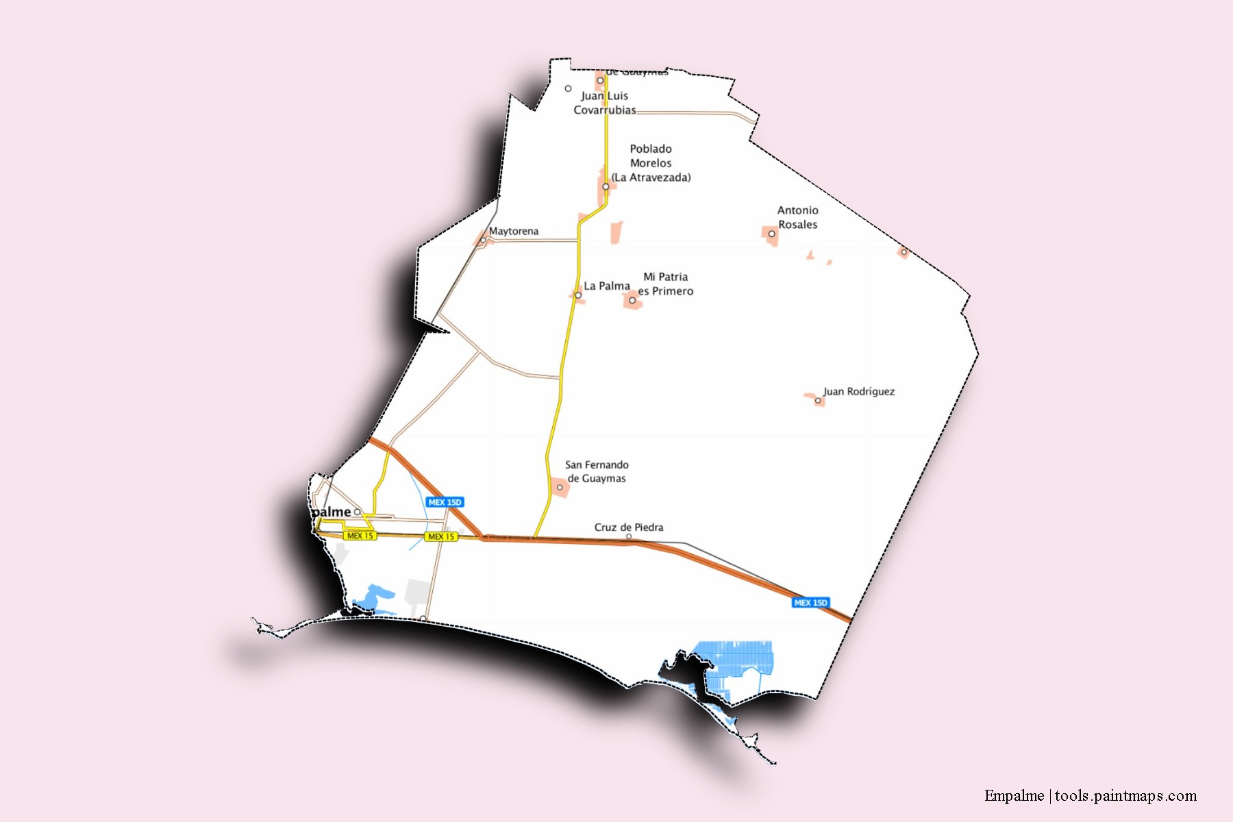 Mapa de barrios y pueblos de Empalme con efecto de sombra 3D