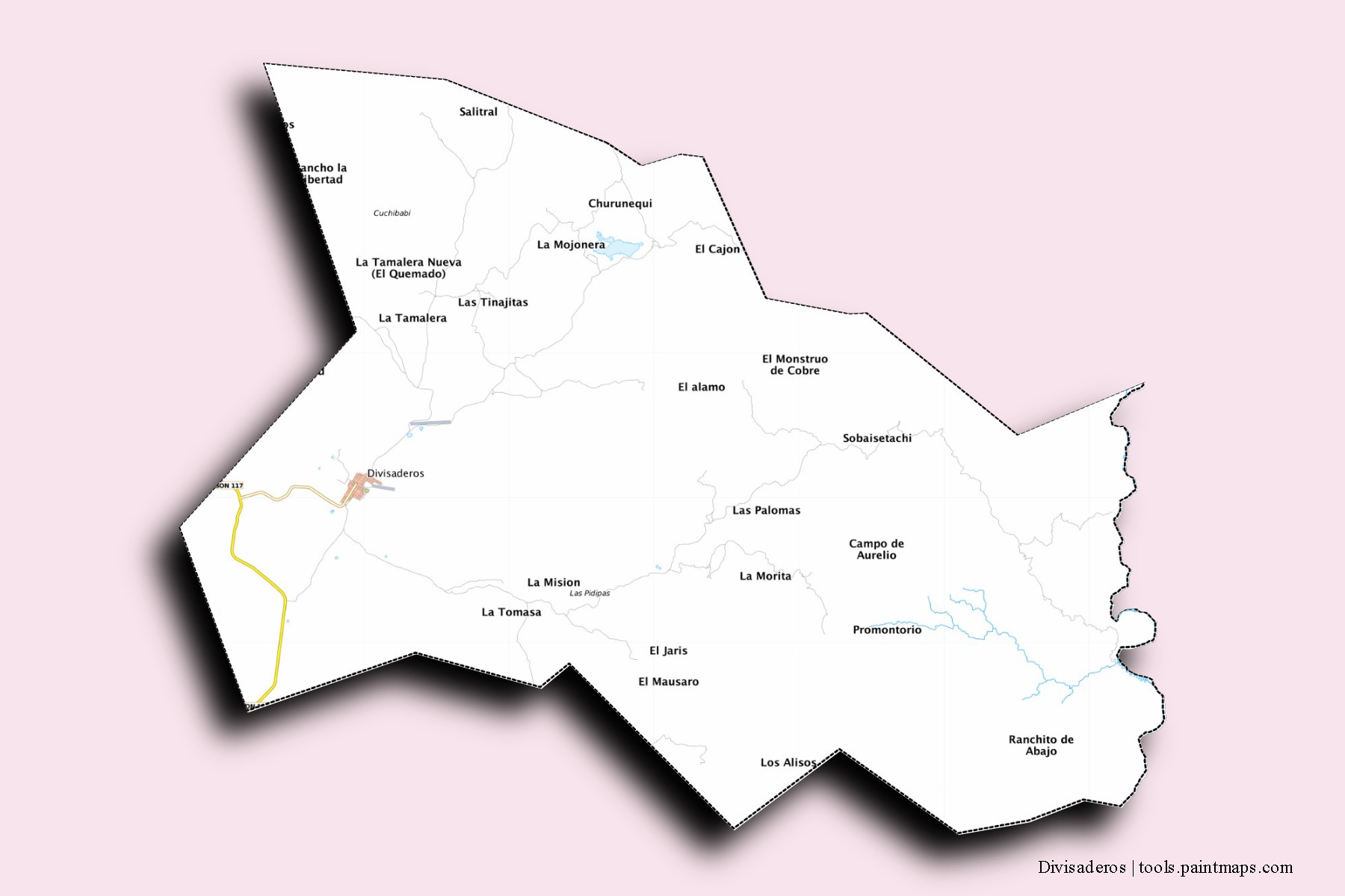 Mapa de barrios y pueblos de Divisaderos con efecto de sombra 3D