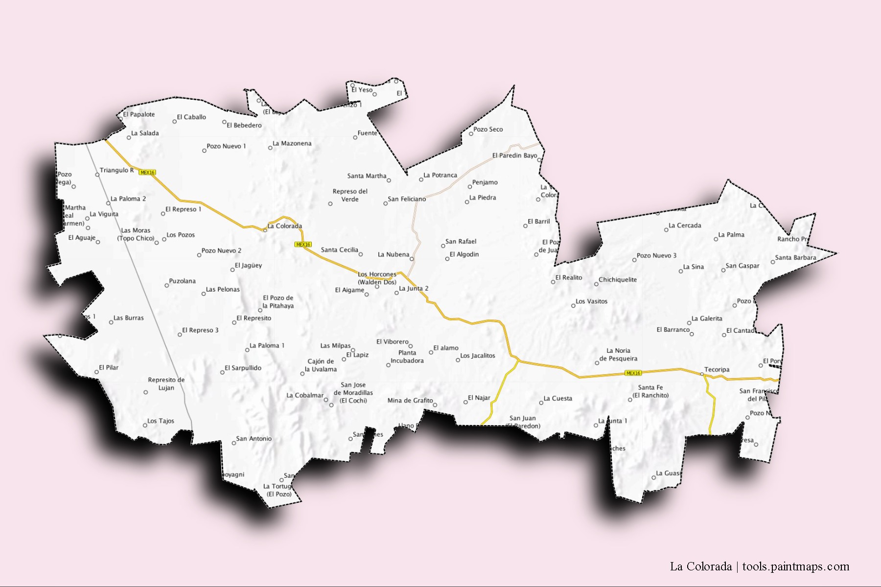 Mapa de barrios y pueblos de La Colorada con efecto de sombra 3D