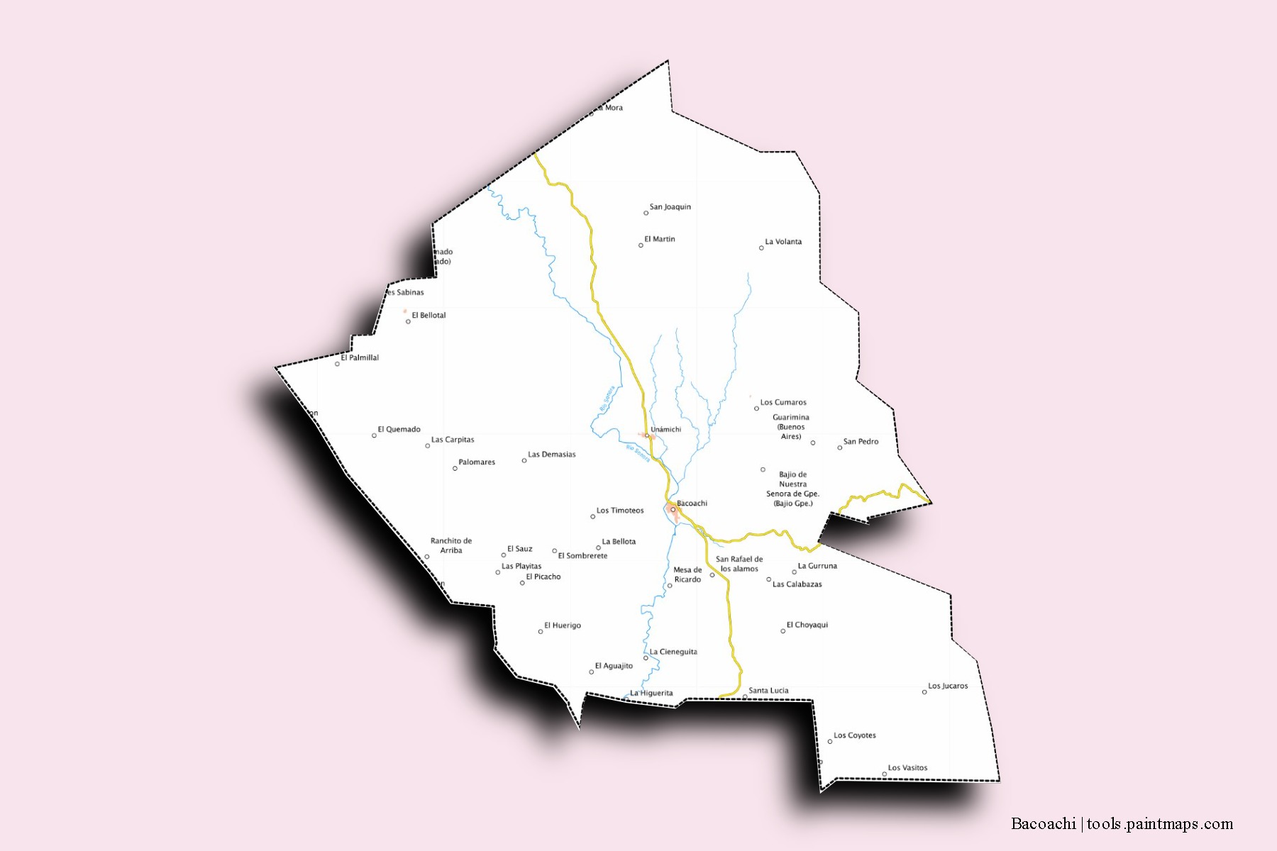 Mapa de barrios y pueblos de Bacoachi con efecto de sombra 3D