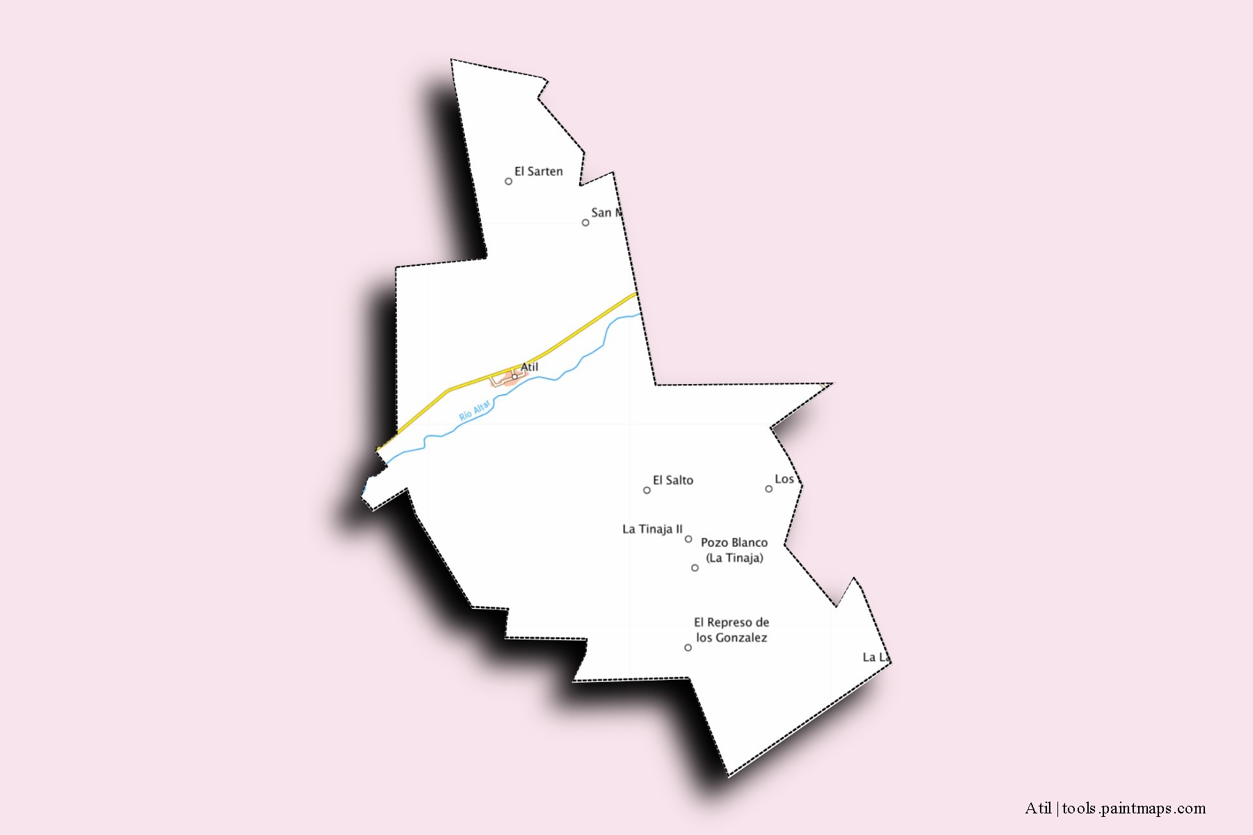 Mapa de barrios y pueblos de Atil con efecto de sombra 3D