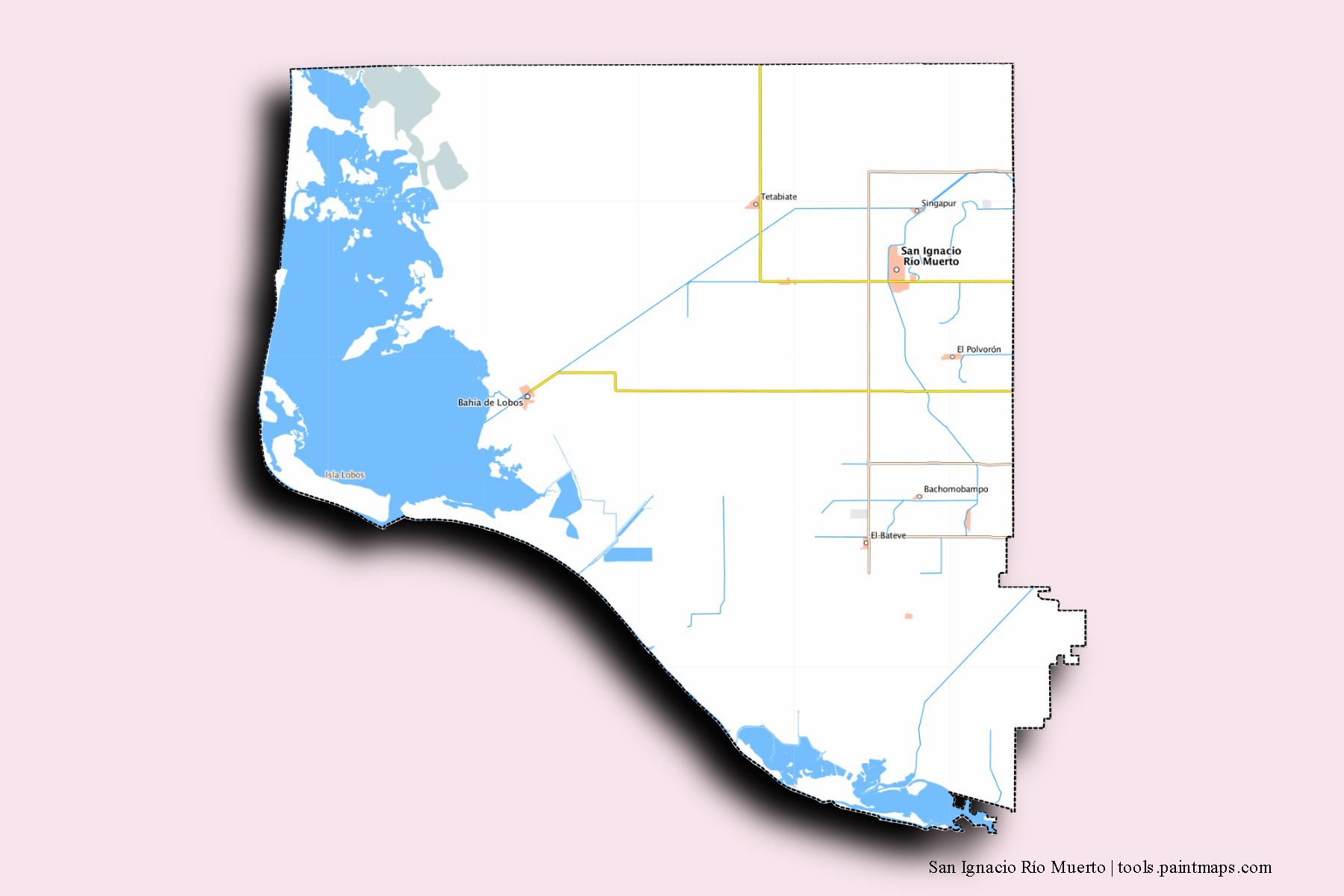 Mapa de barrios y pueblos de San Ignacio Río Muerto con efecto de sombra 3D
