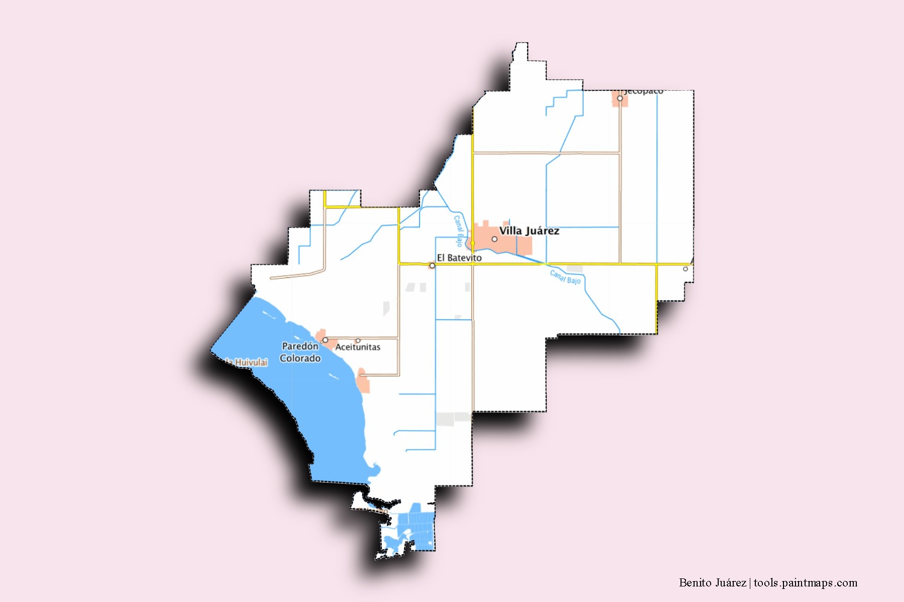 Benito Juárez neighborhoods and villages map with 3D shadow effect