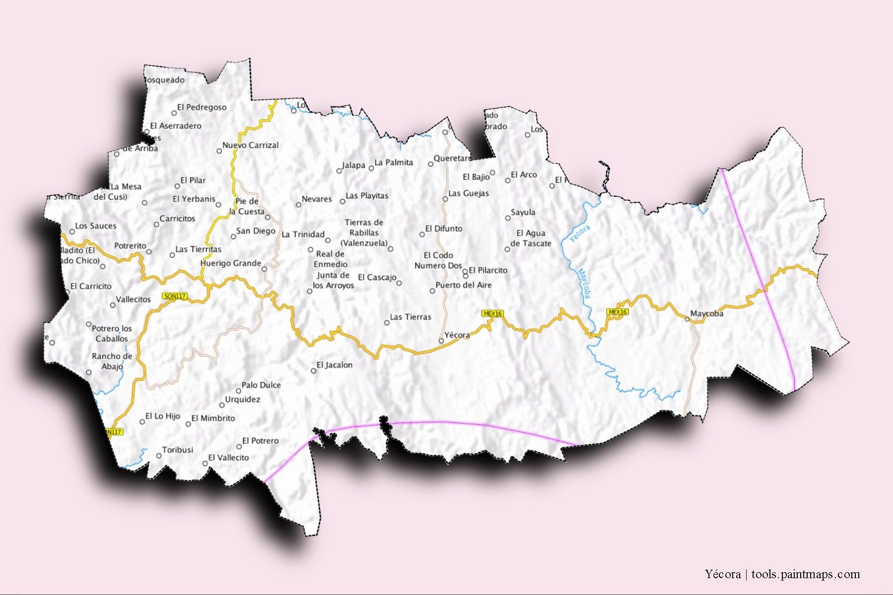 Yécora neighborhoods and villages map with 3D shadow effect