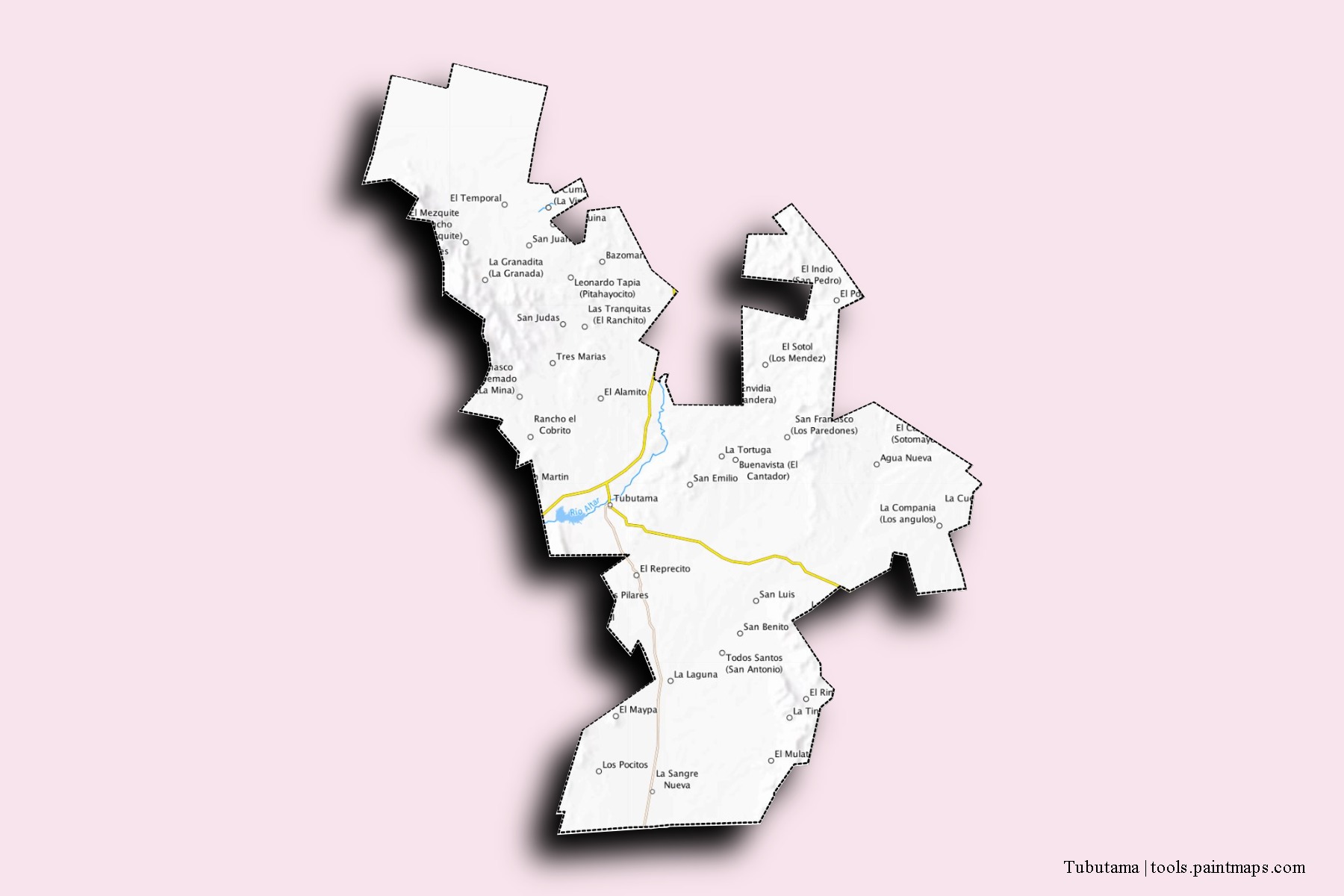 Tubutama neighborhoods and villages map with 3D shadow effect