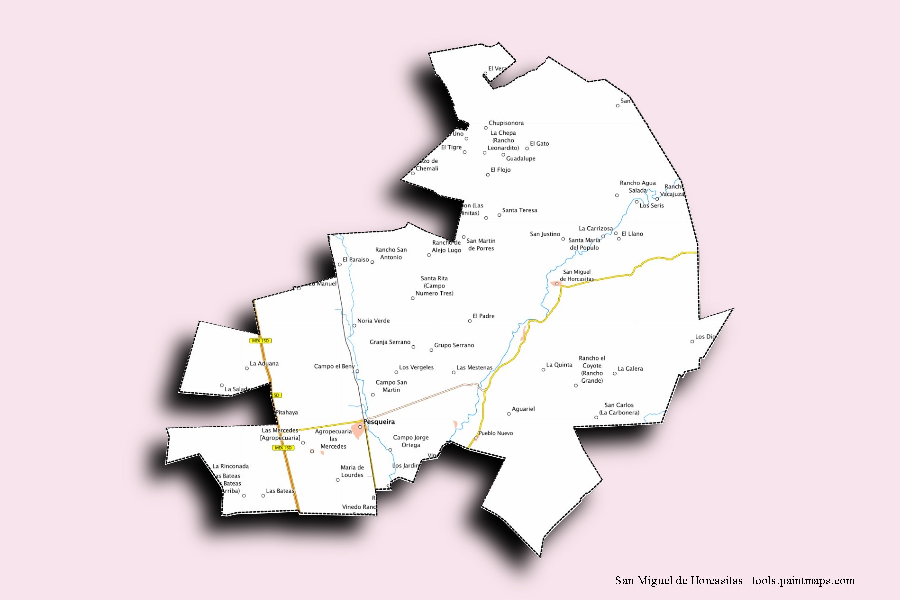 San Miguel de Horcasitas neighborhoods and villages map with 3D shadow effect