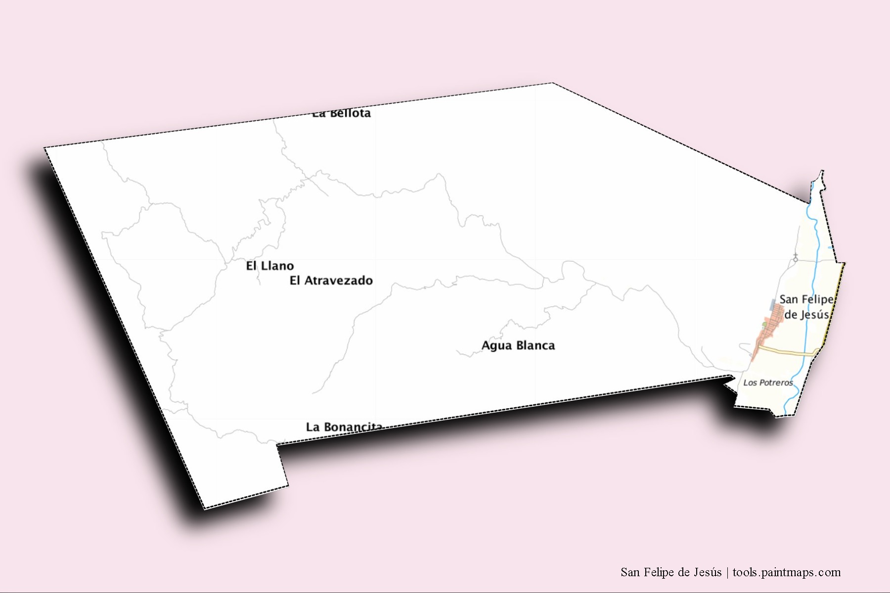 Mapa de barrios y pueblos de San Felipe de Jesús con efecto de sombra 3D