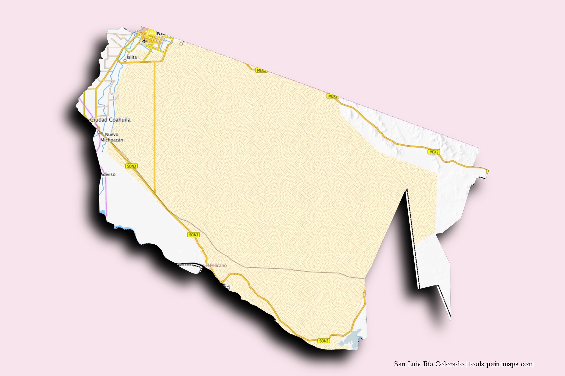 3D gölge efektli San Luis Río Colorado mahalleleri ve köyleri haritası