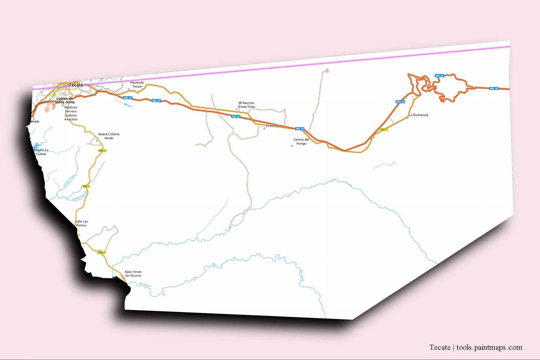 Tecate neighborhoods and villages map with 3D shadow effect