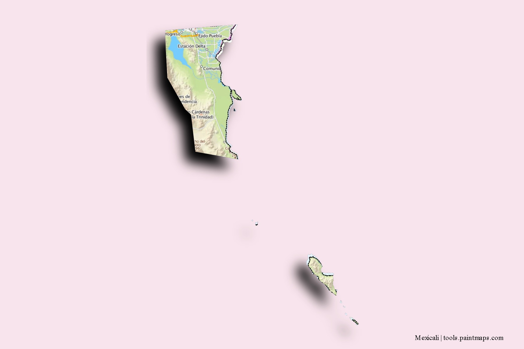 Mexicali neighborhoods and villages map with 3D shadow effect